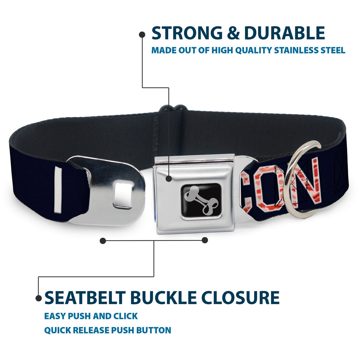Dog Bone Seatbelt Buckle Collar - VOTE FOR BACON Black/White/Bacon