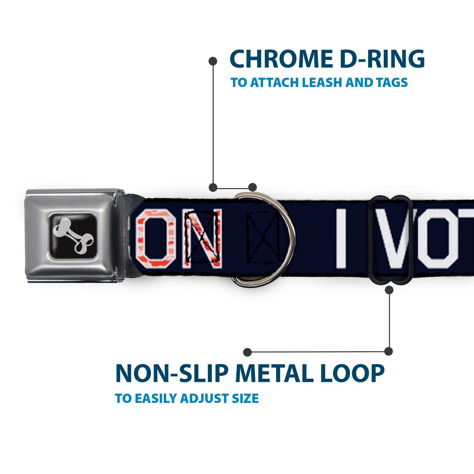 Dog Bone Seatbelt Buckle Collar - VOTE FOR BACON Black/White/Bacon