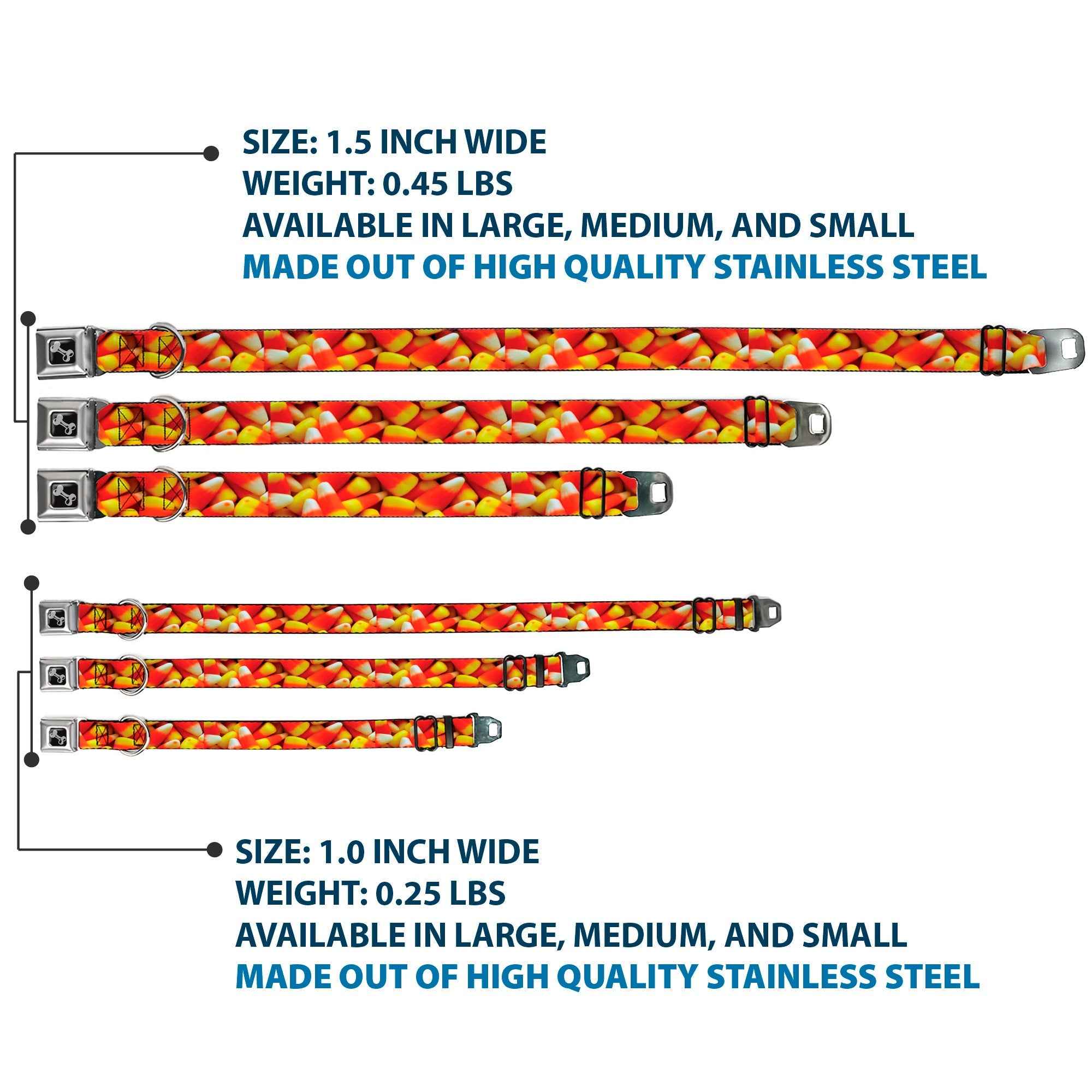 Buckle-Down Dog Bone Black/Silver Seatbelt Buckle Dog Collar - Vivid Candy Corn Stacked