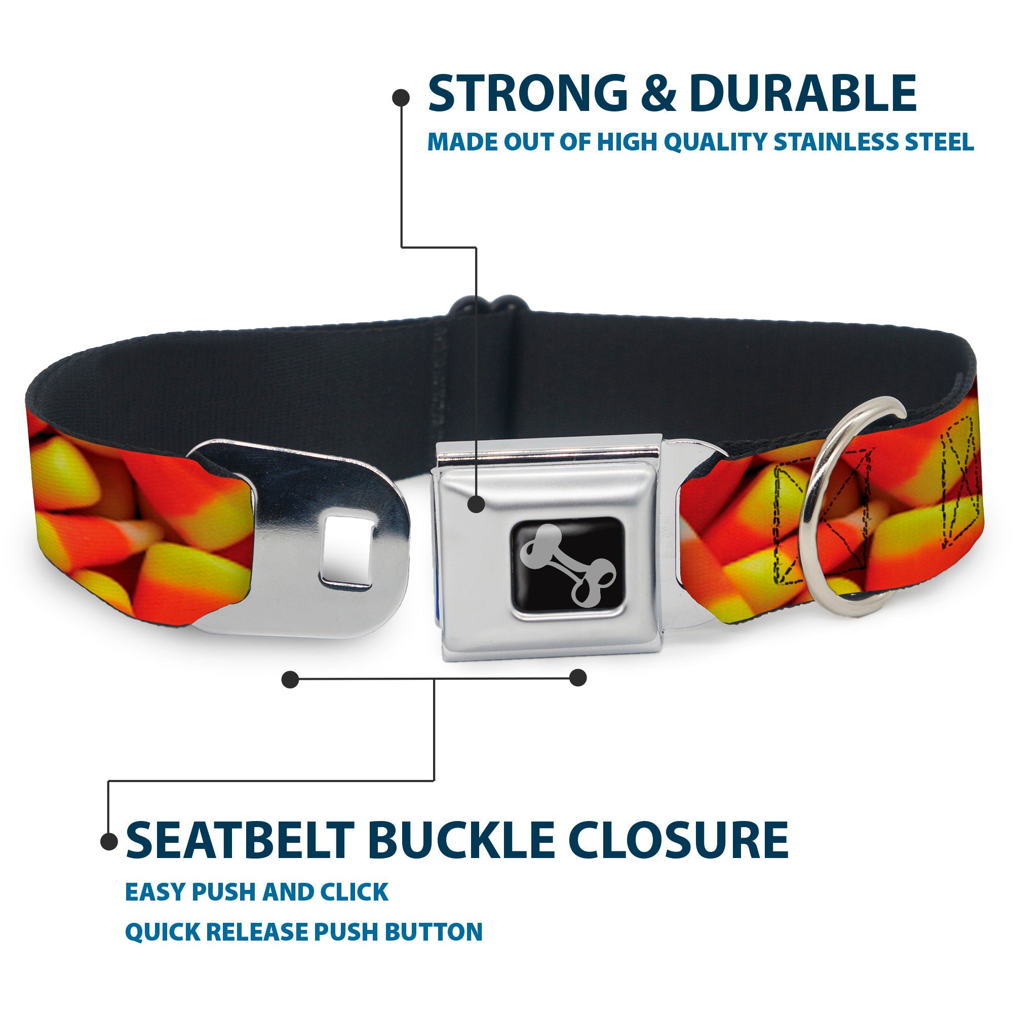 Buckle-Down Dog Bone Black/Silver Seatbelt Buckle Dog Collar - Vivid Candy Corn Stacked