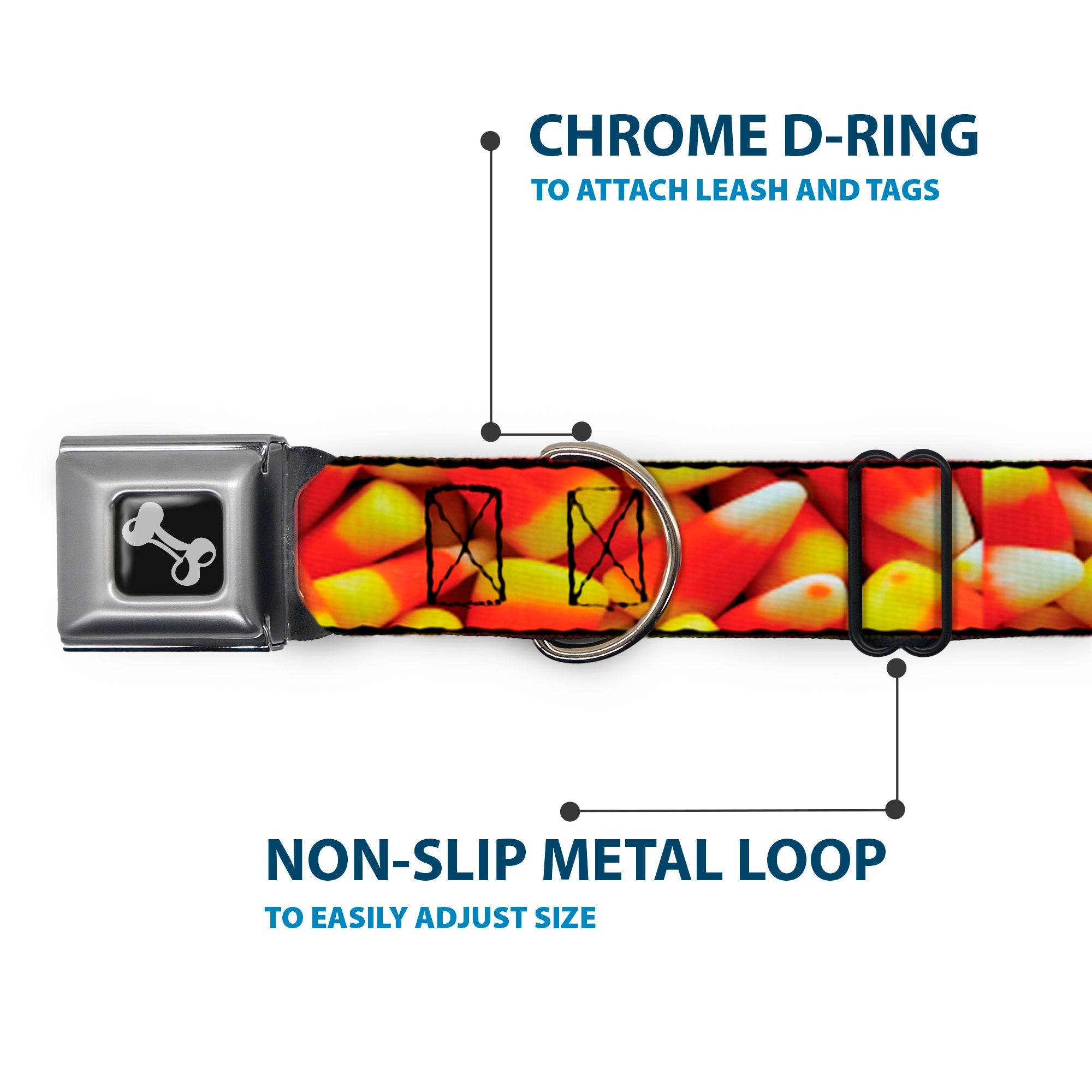 Buckle-Down Dog Bone Black/Silver Seatbelt Buckle Dog Collar - Vivid Candy Corn Stacked