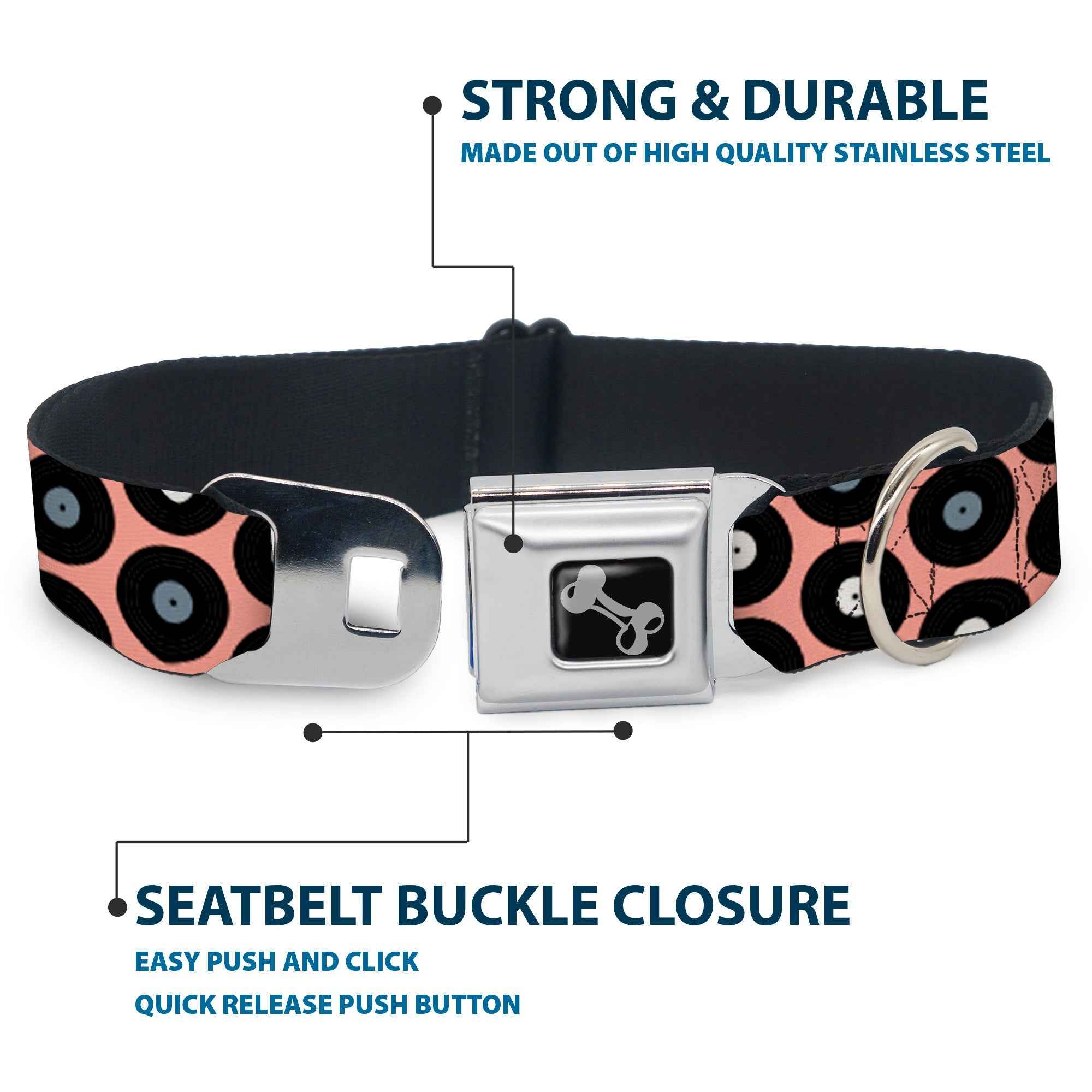 Buckle-Down Vinyl Records Tan/Black/Gray/White Seatbelt Buckle Dog Collar
