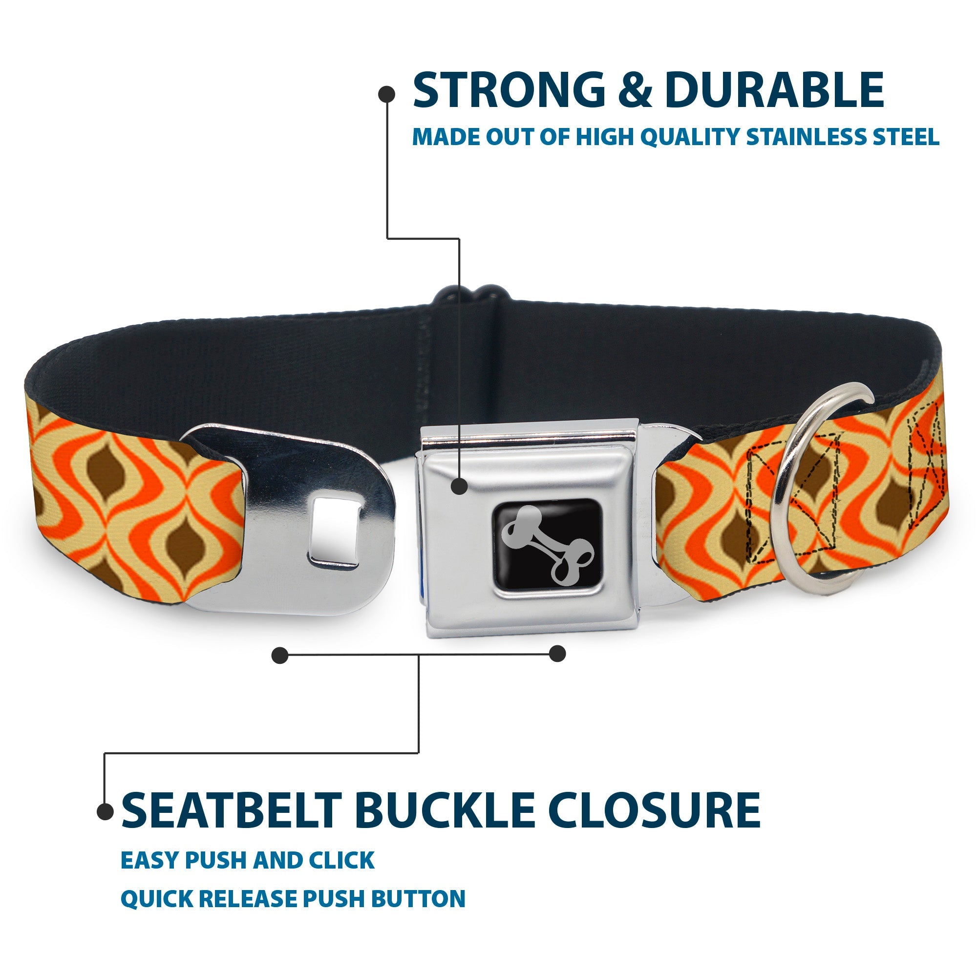 Dog Bone Seatbelt Buckle Collar - Wallpaper1 Ogee Tan/Orange/Brown