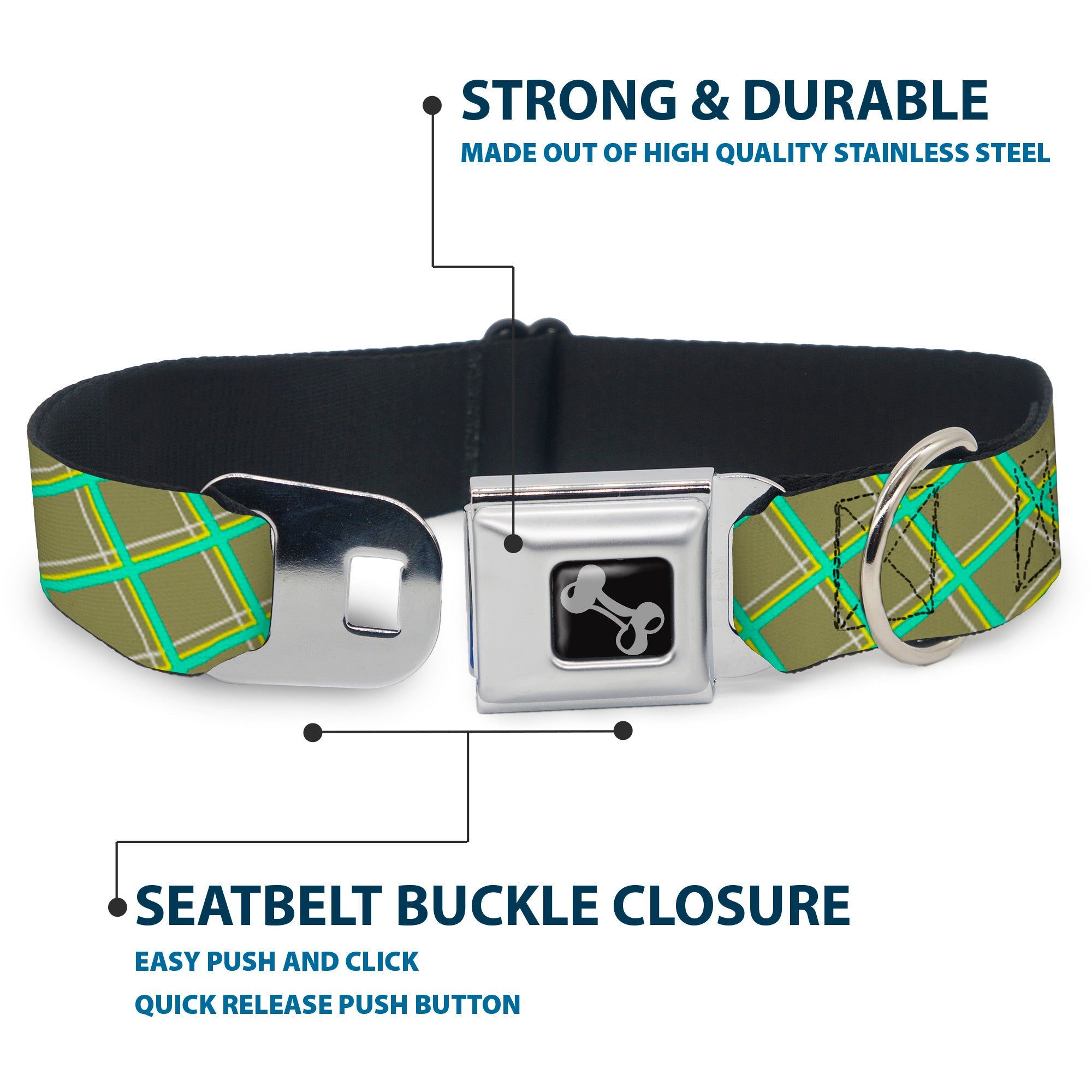Dog Bone Seatbelt Buckle Collar - Wire Grid Tan/Green/Yellow