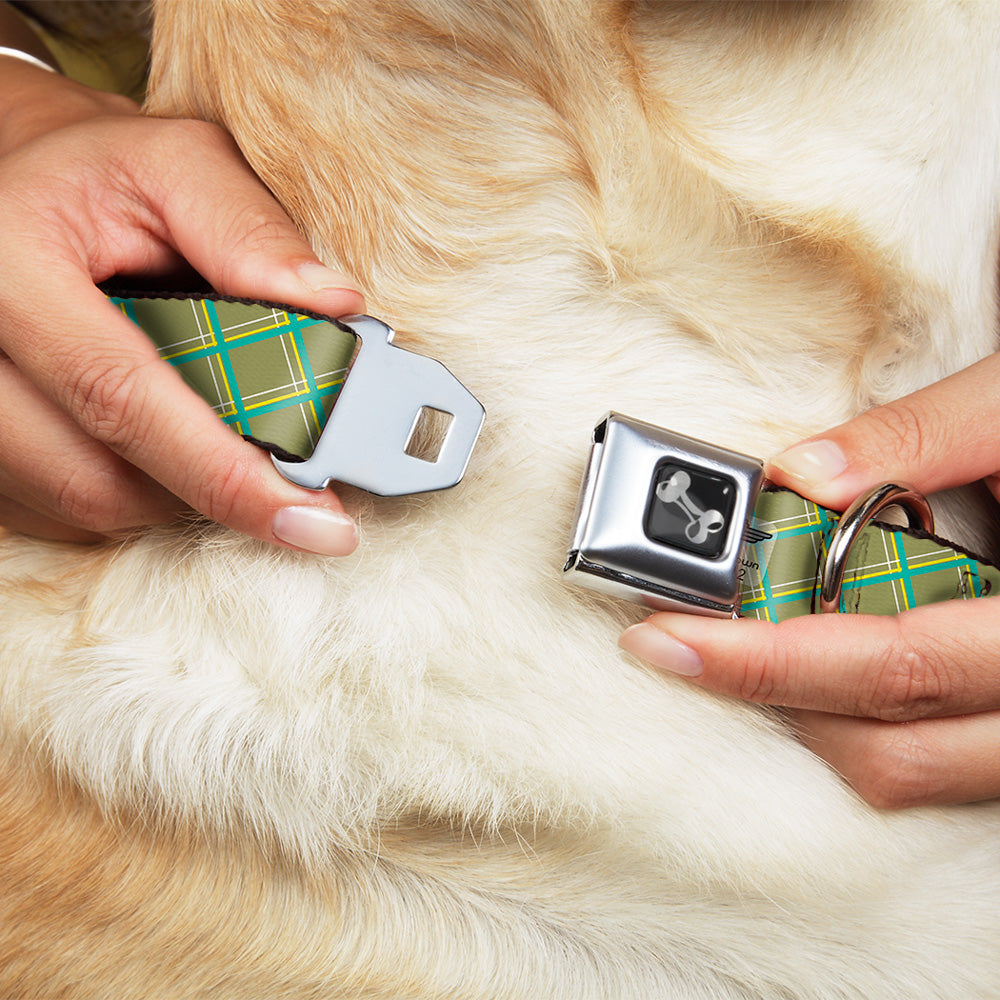 Dog Bone Seatbelt Buckle Collar - Wire Grid Tan/Green/Yellow