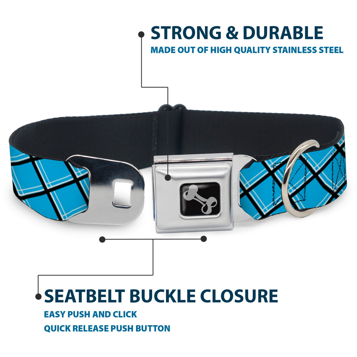 Dog Bone Seatbelt Buckle Collar - Wire Grid Baby Blue Black/White