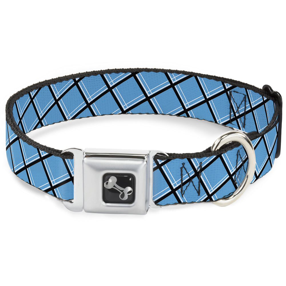 Dog Bone Seatbelt Buckle Collar - Wire Grid Baby Blue Black/White