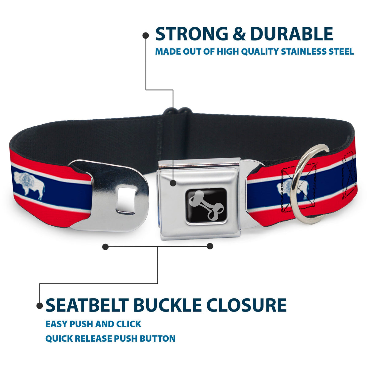 Dog Bone Seatbelt Buckle Collar - Wyoming Flags
