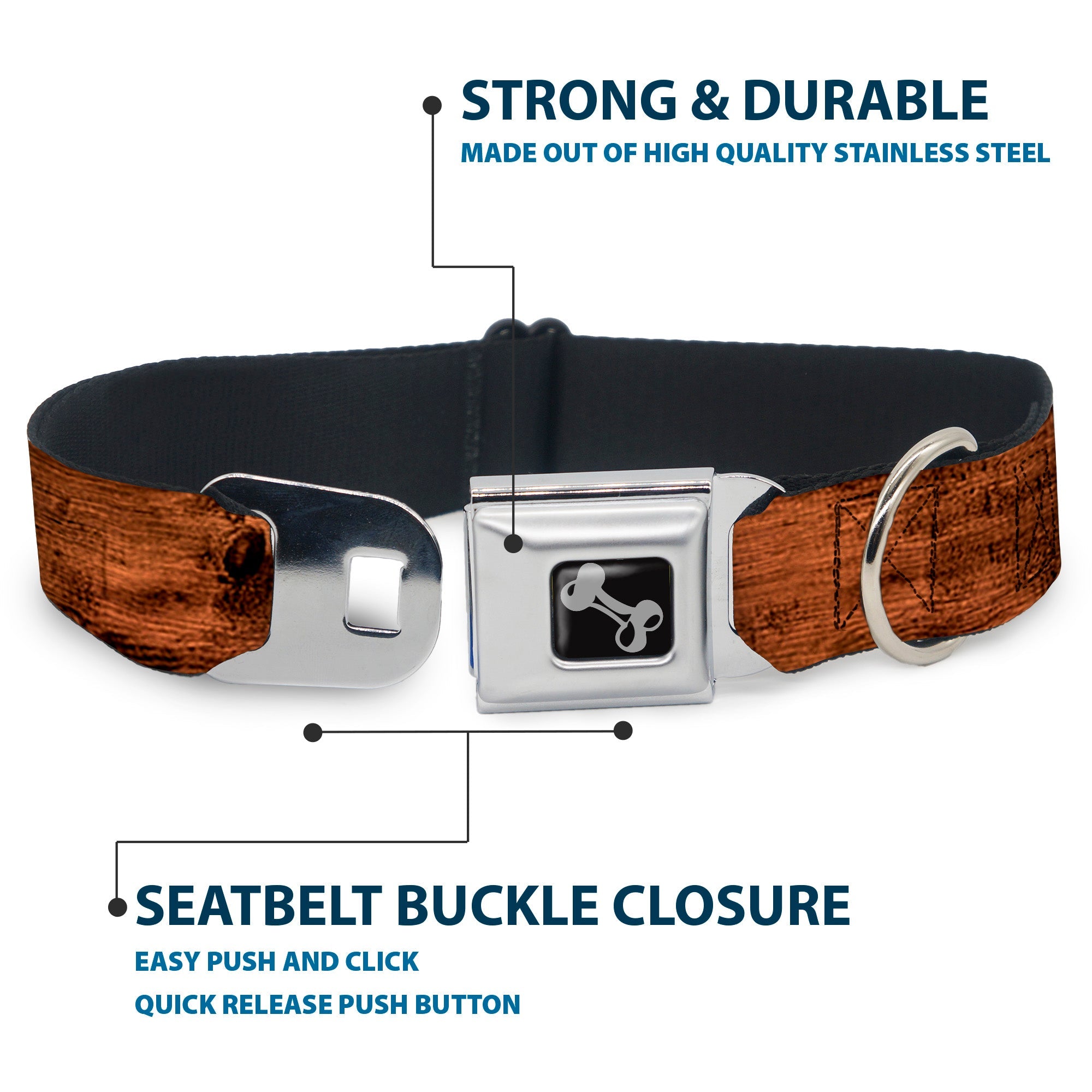 Dog Bone Seatbelt Buckle Collar - Wood Grain3 Horizontal Brown