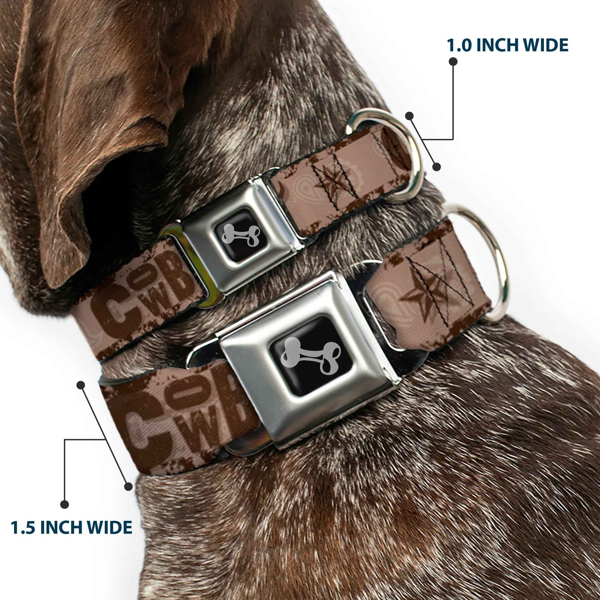 Buckle-Down Dog Bone Black/Silver Seatbelt Buckle Dog Collar - Western Cowboy Icons Collage Tan/Browns