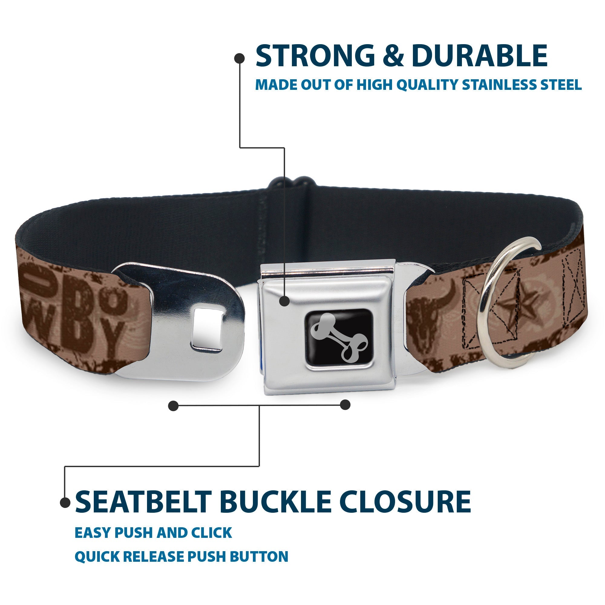 Buckle-Down Dog Bone Black/Silver Seatbelt Buckle Dog Collar - Western Cowboy Icons Collage Tan/Browns
