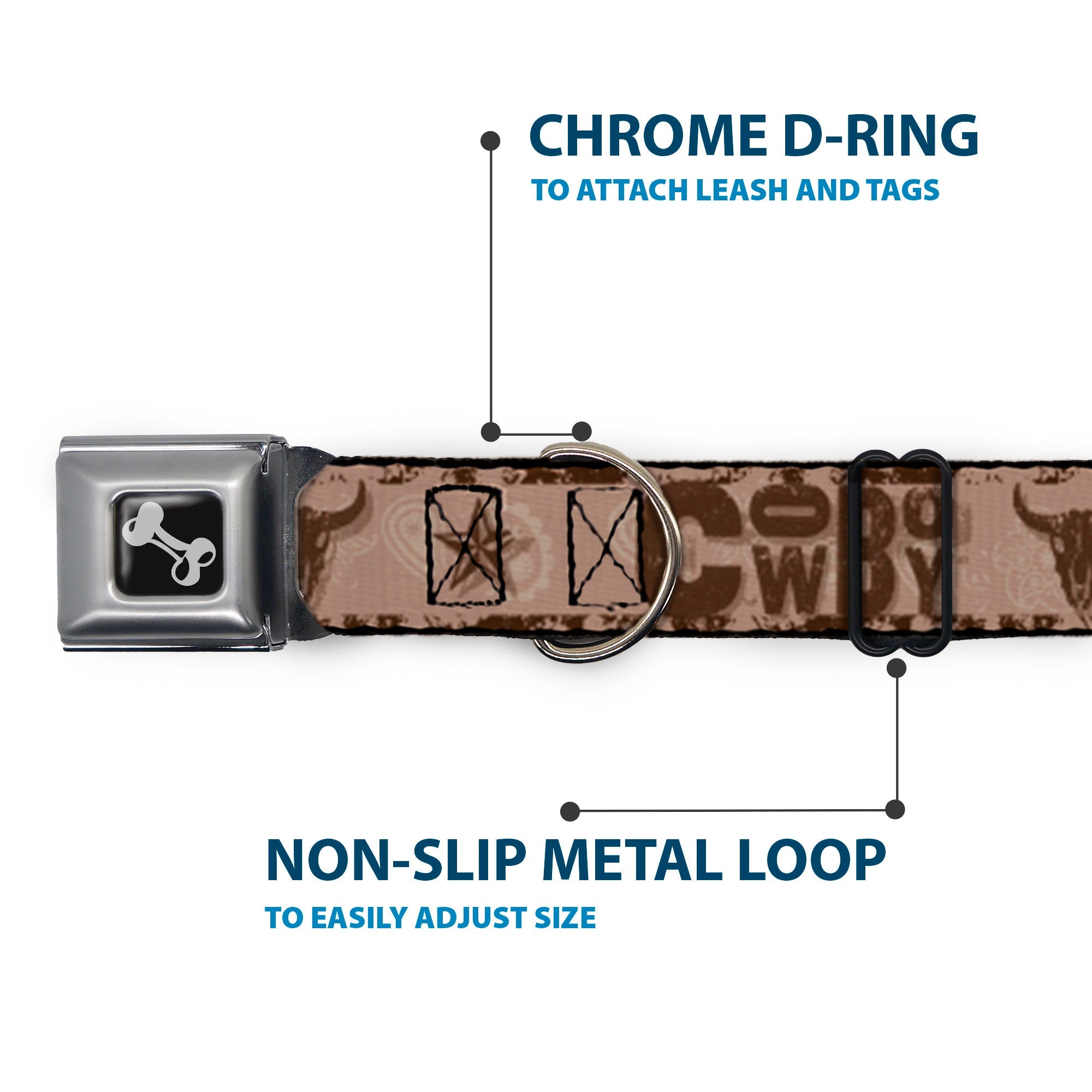 Buckle-Down Dog Bone Black/Silver Seatbelt Buckle Dog Collar - Western Cowboy Icons Collage Tan/Browns