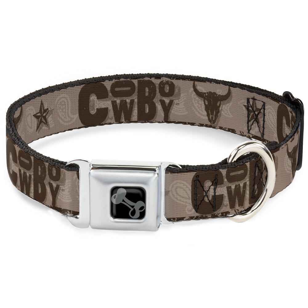 Buckle-Down Dog Bone Black/Silver Seatbelt Buckle Dog Collar - Western Cowboy Icons Collage Tan/Browns