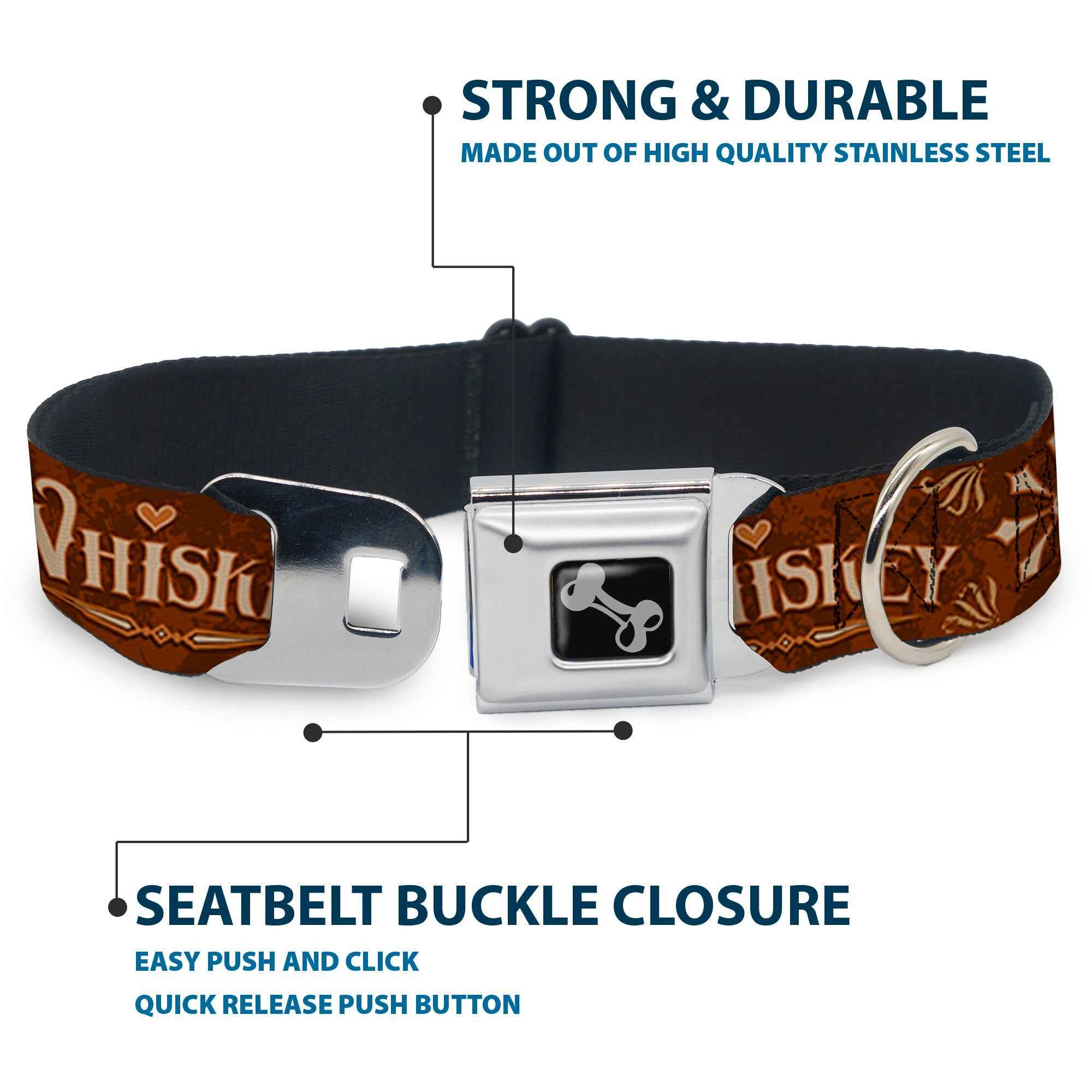 Buckle-Down Dog Bone Black/Silver Seatbelt Buckle Dog Collar - Western Whiskey Heart Repeat Browns/Tan