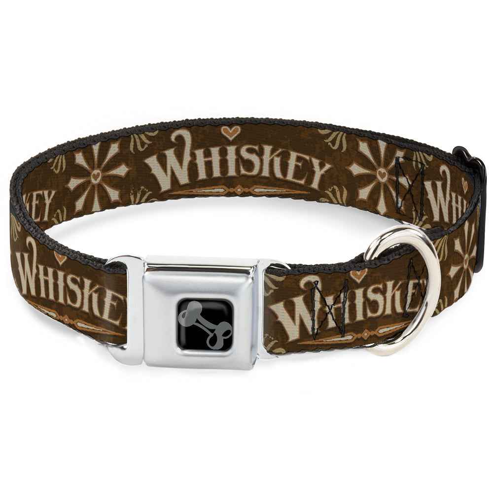 Buckle-Down Dog Bone Black/Silver Seatbelt Buckle Dog Collar - Western Whiskey Heart Repeat Browns/Tan