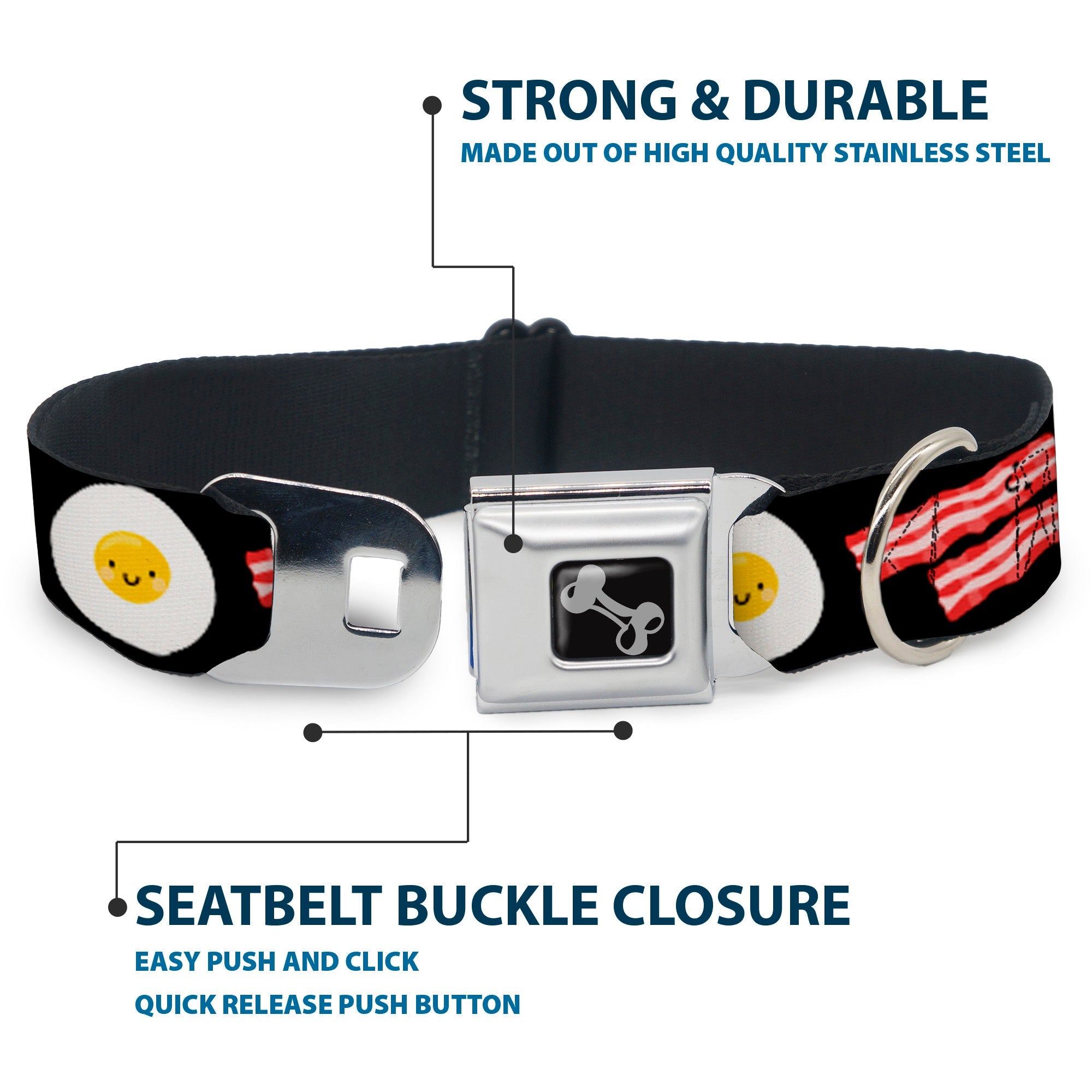 Dog Bone Seatbelt Buckle Collar - Bacon & Eggs Black