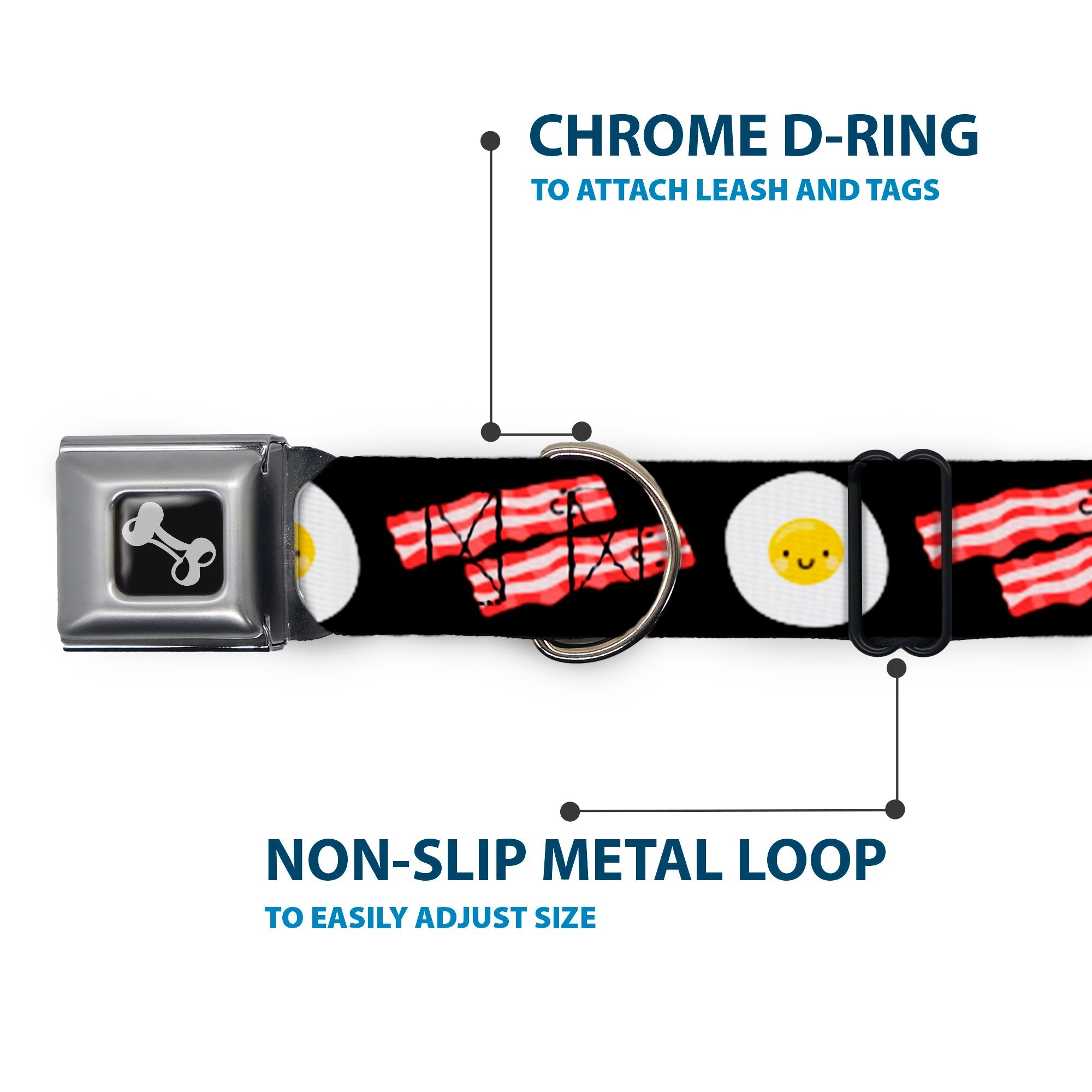 Dog Bone Seatbelt Buckle Collar - Bacon & Eggs Black