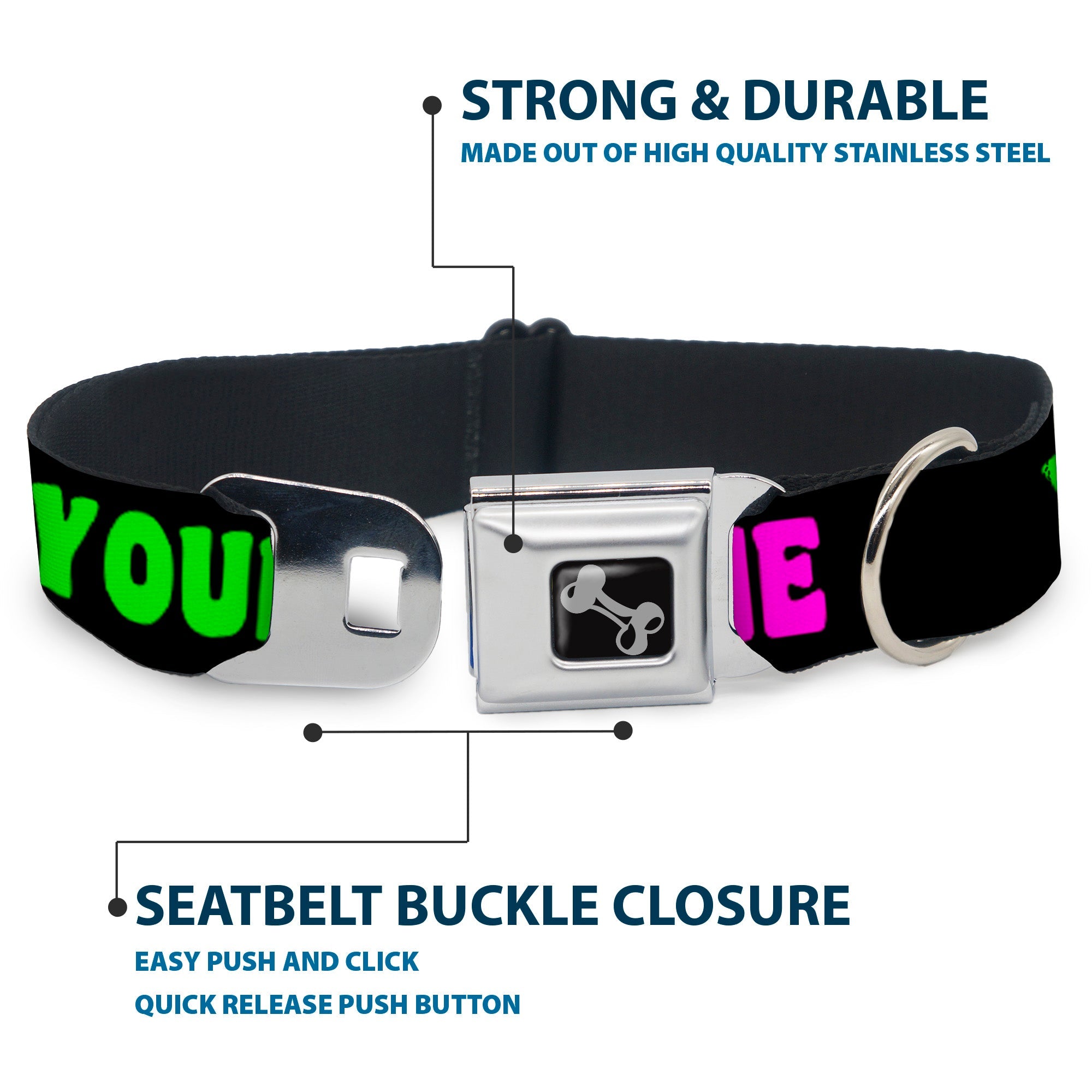 Dog Bone Seatbelt Buckle Collar - YOUR BOYFRIEND LOVES ME w/Kiss Black/Neon