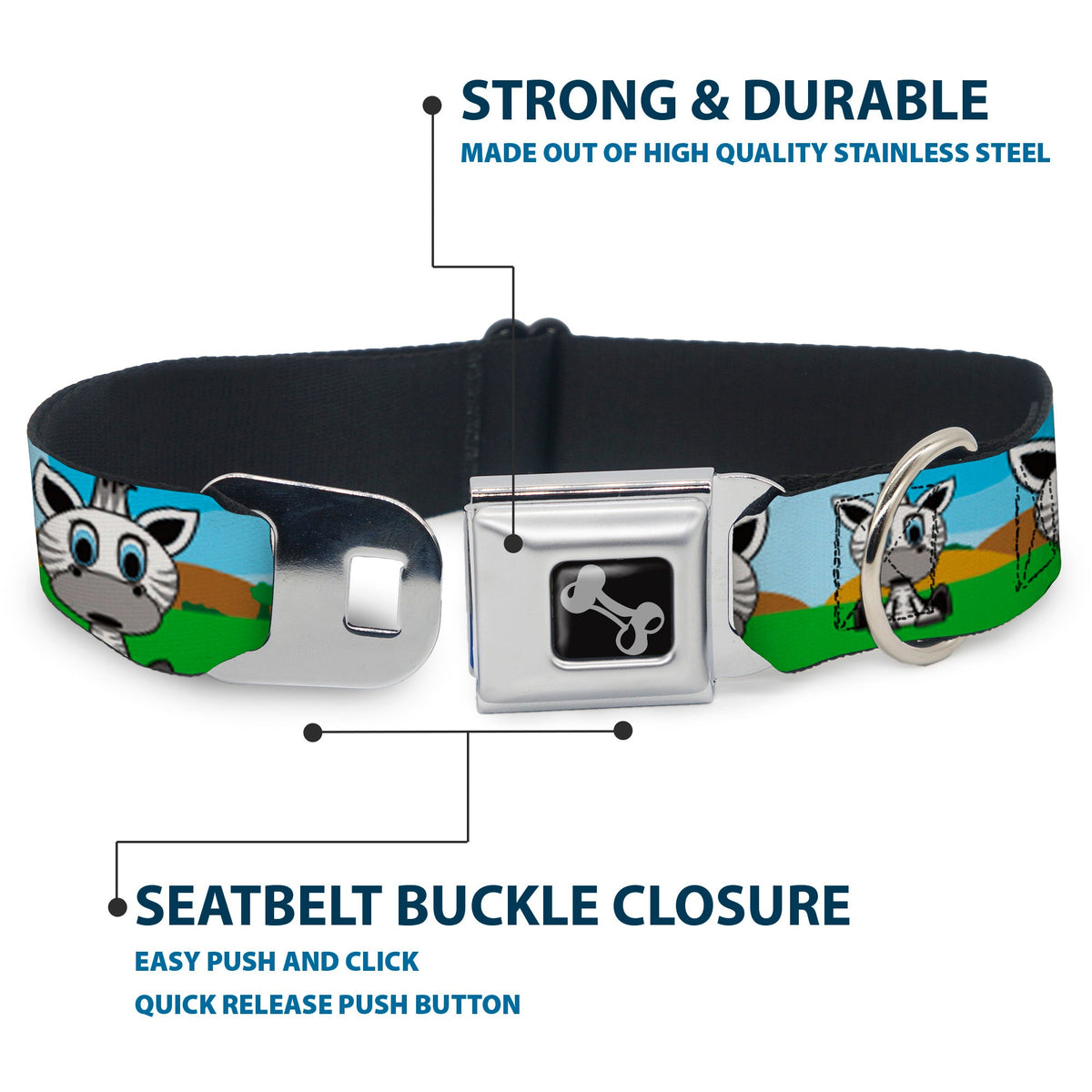 Dog Bone Seatbelt Buckle Collar - Zebra Cartoon