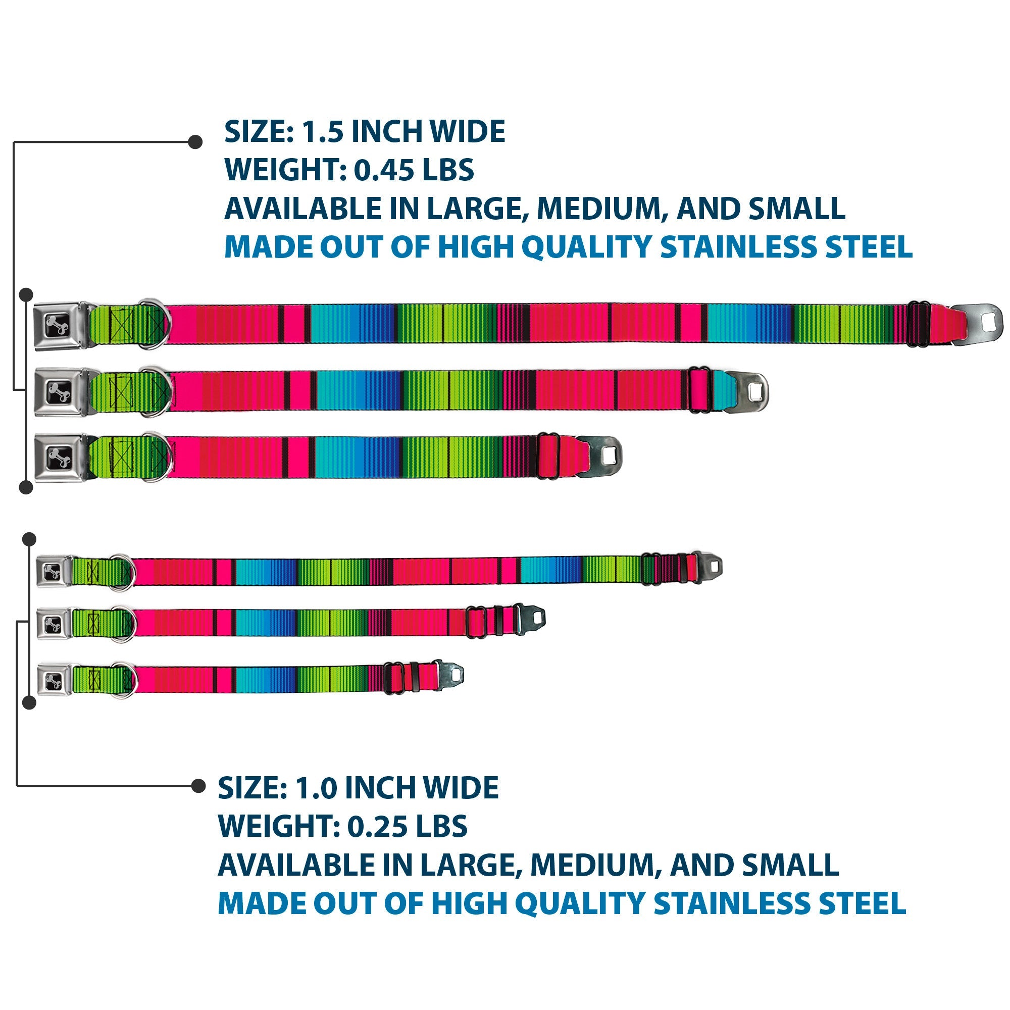 Dog Bone Seatbelt Buckle Collar - Zarape7 Vertical Pinks/Blues/Greens/Black