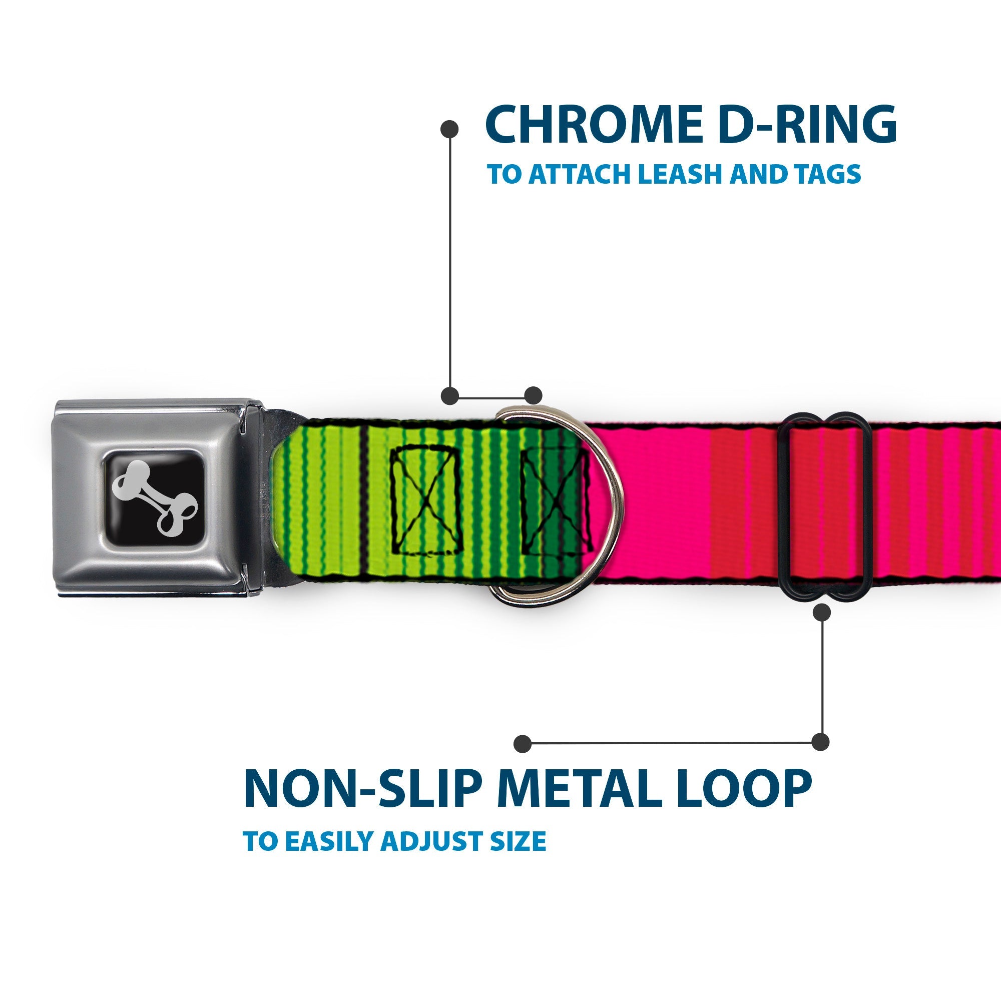 Dog Bone Seatbelt Buckle Collar - Zarape7 Vertical Pinks/Blues/Greens/Black