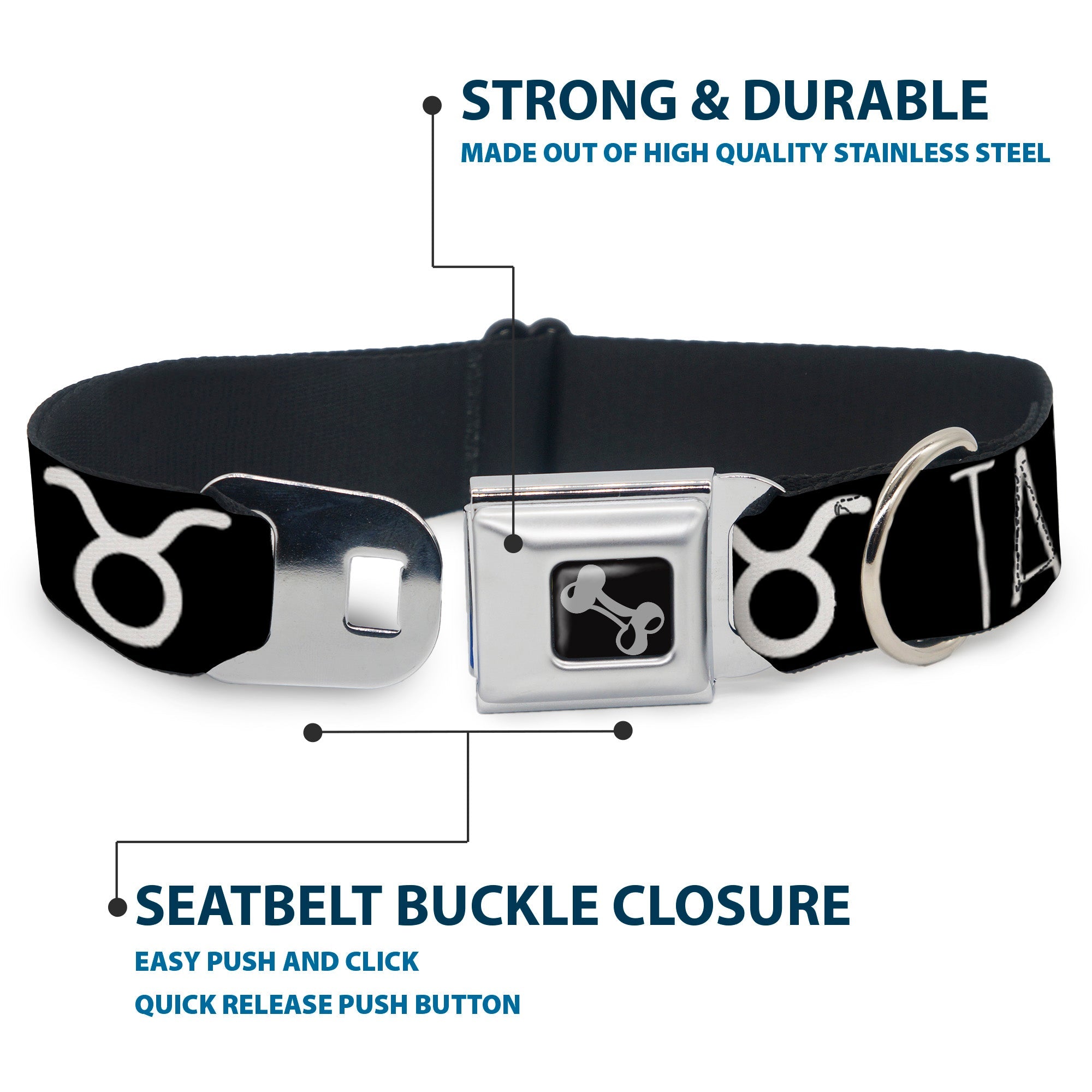 Dog Bone Seatbelt Buckle Collar - Zodiac TAURUS/Symbol Black/White