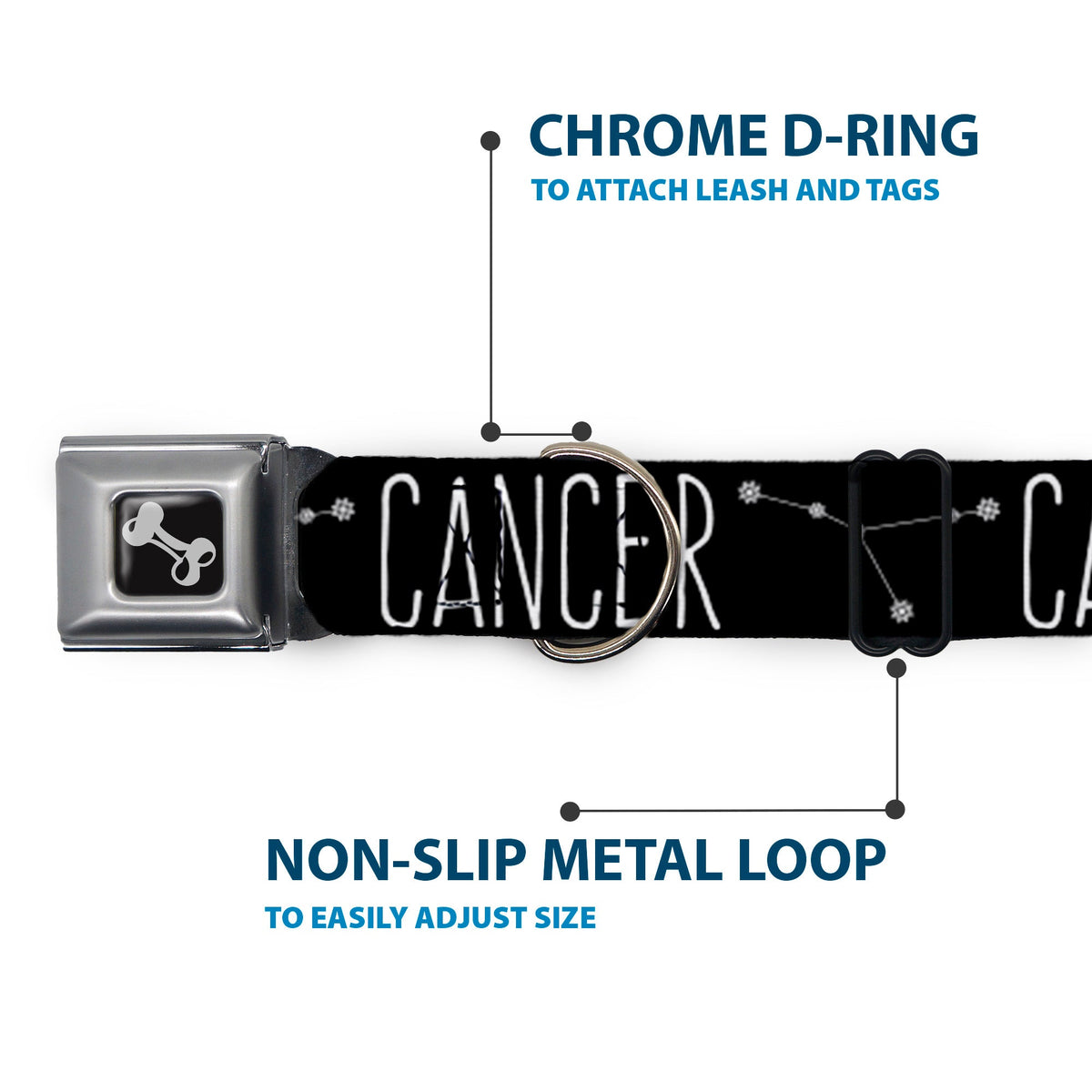 Dog Bone Seatbelt Buckle Collar - Zodiac CANCER/Constellation Black/White