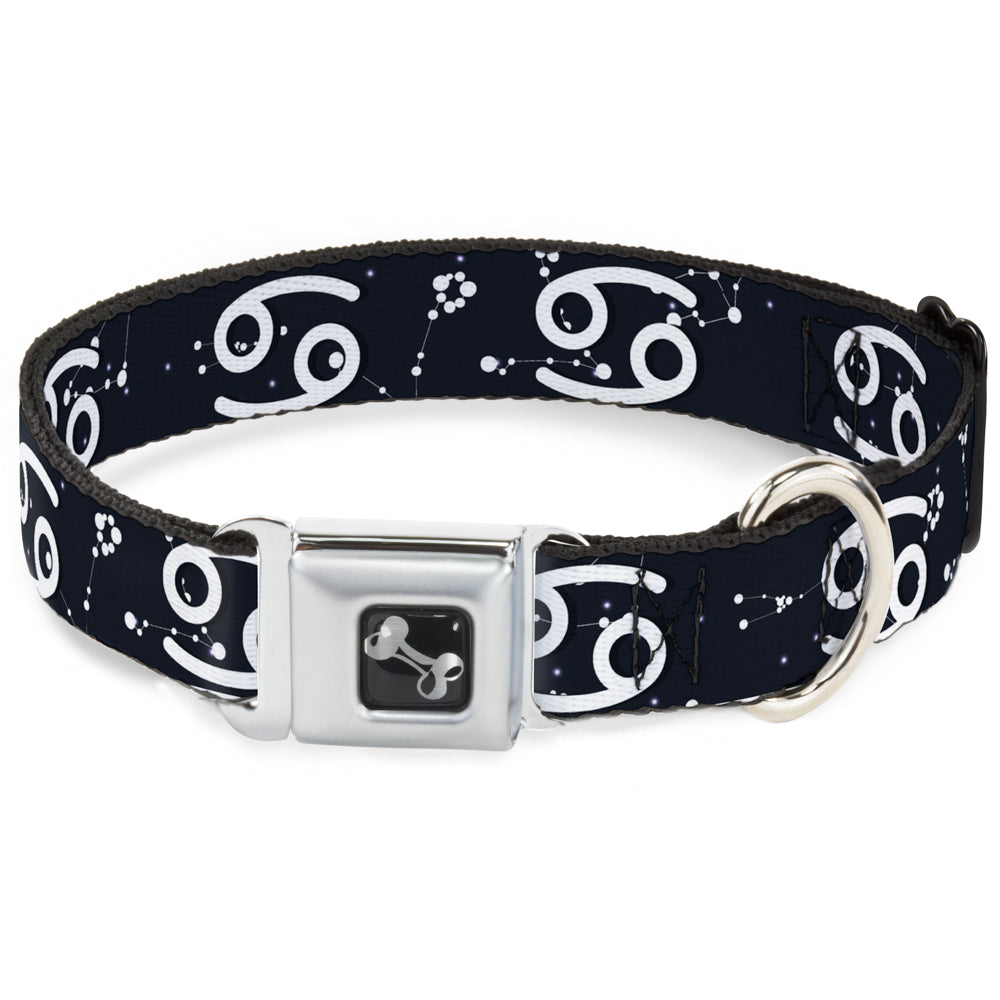 Dog Bone Seatbelt Buckle Collar - Zodiac Cancer Symbol/Constellations Black/White