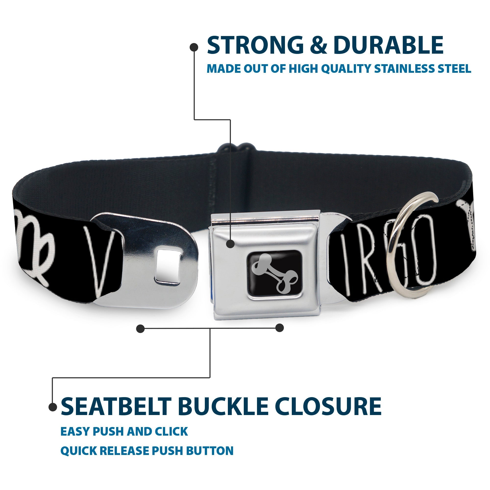 Dog Bone Seatbelt Buckle Collar - Zodiac VIRGO/Symbol Black/White