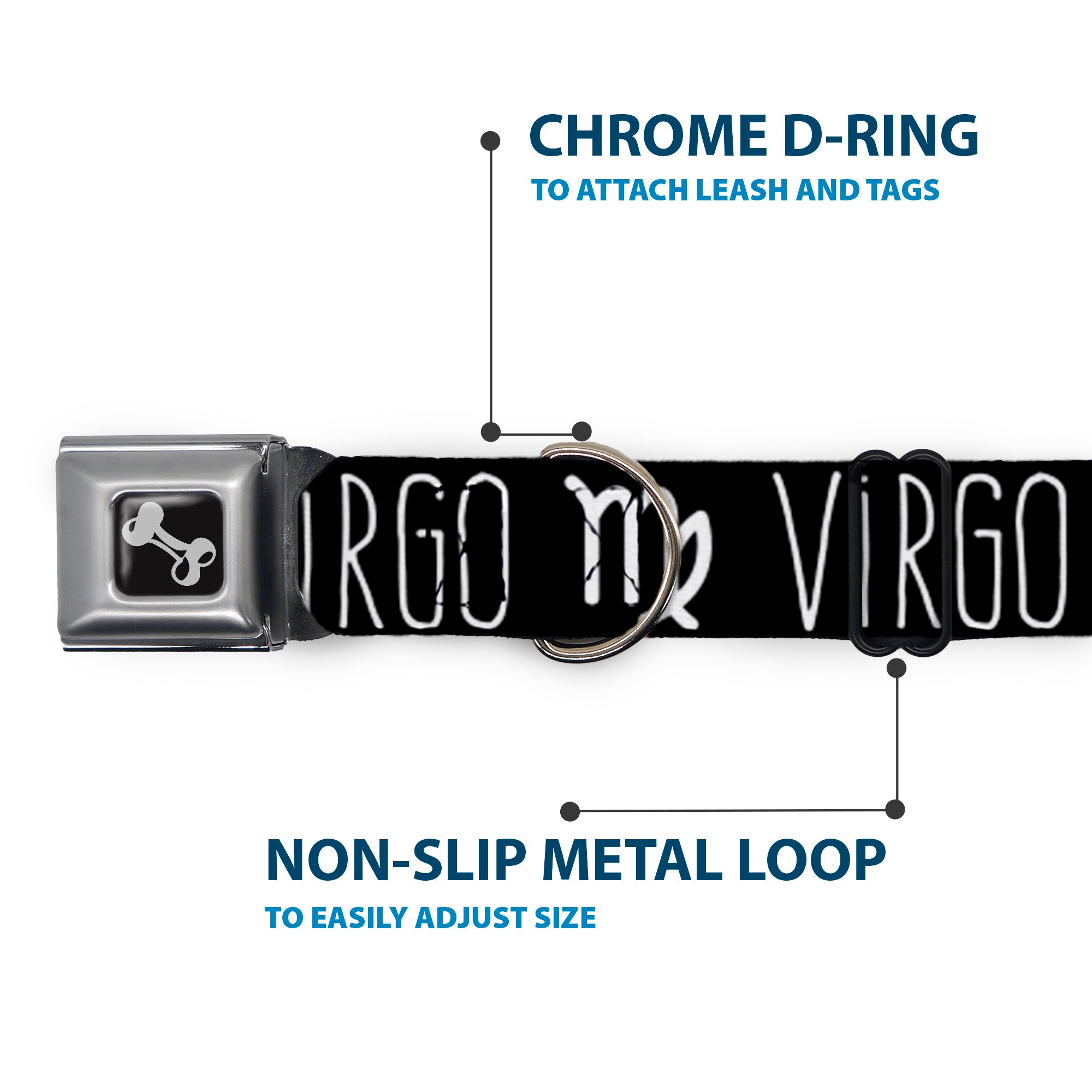 Dog Bone Seatbelt Buckle Collar - Zodiac VIRGO/Symbol Black/White