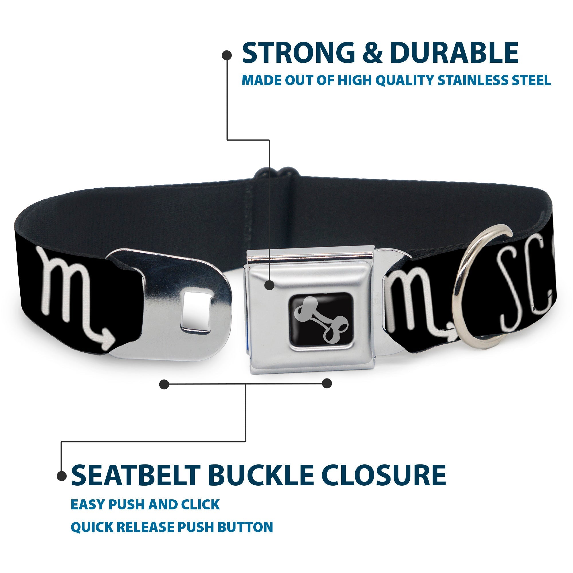 Dog Bone Seatbelt Buckle Collar - Zodiac SCORPIO/Symbol Black/White