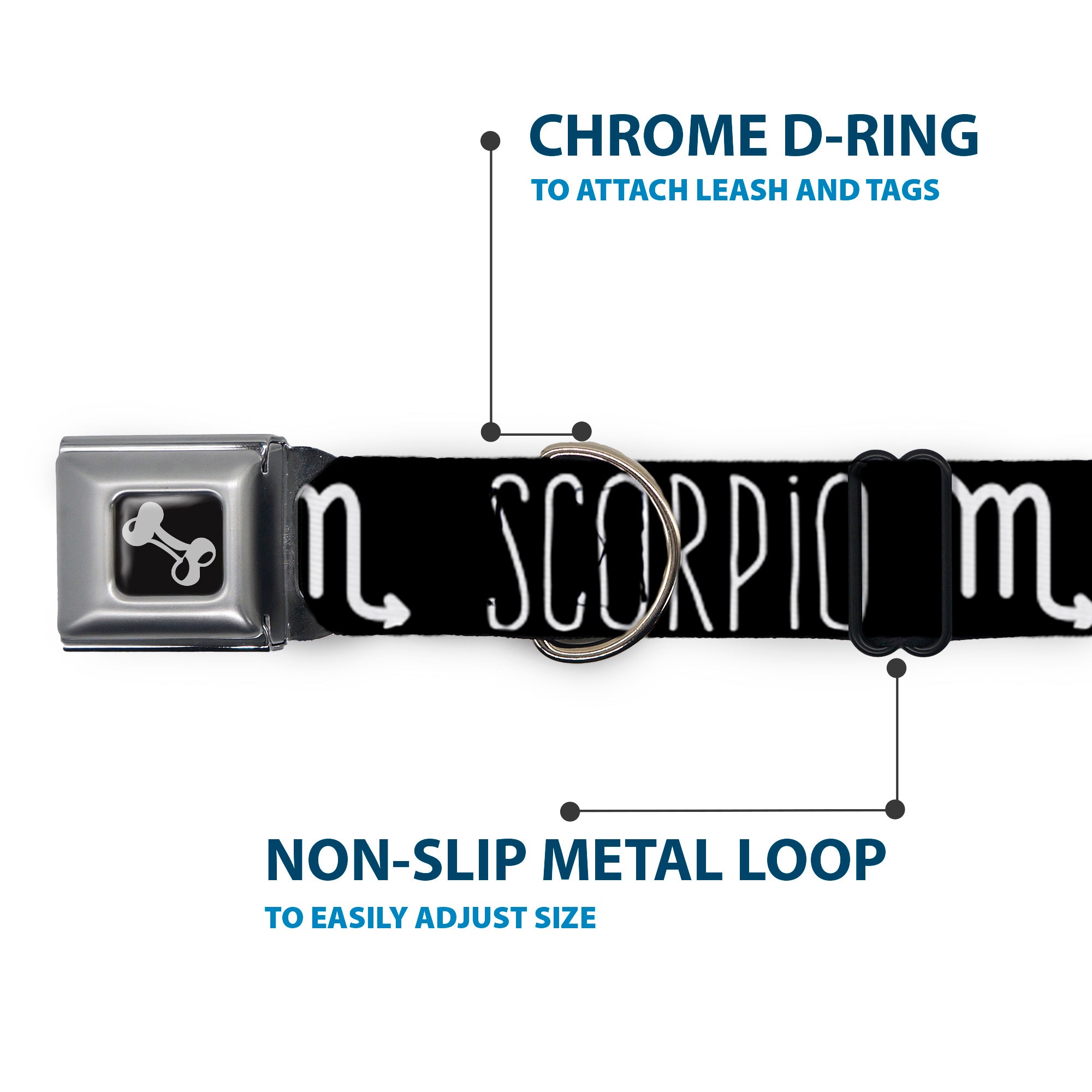 Dog Bone Seatbelt Buckle Collar - Zodiac SCORPIO/Symbol Black/White