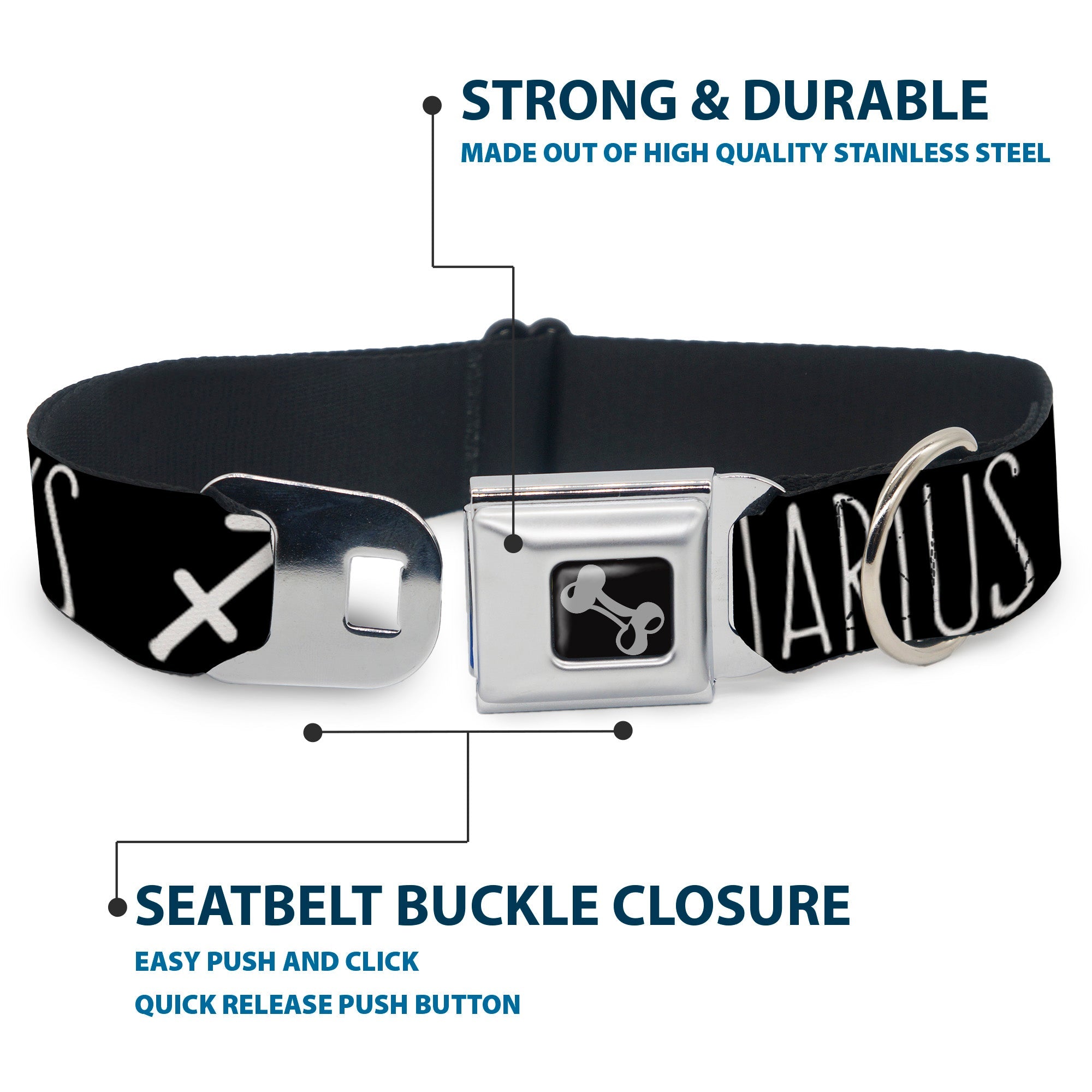 Dog Bone Seatbelt Buckle Collar - Zodiac SAGITTARIUS/Symbol Black/White