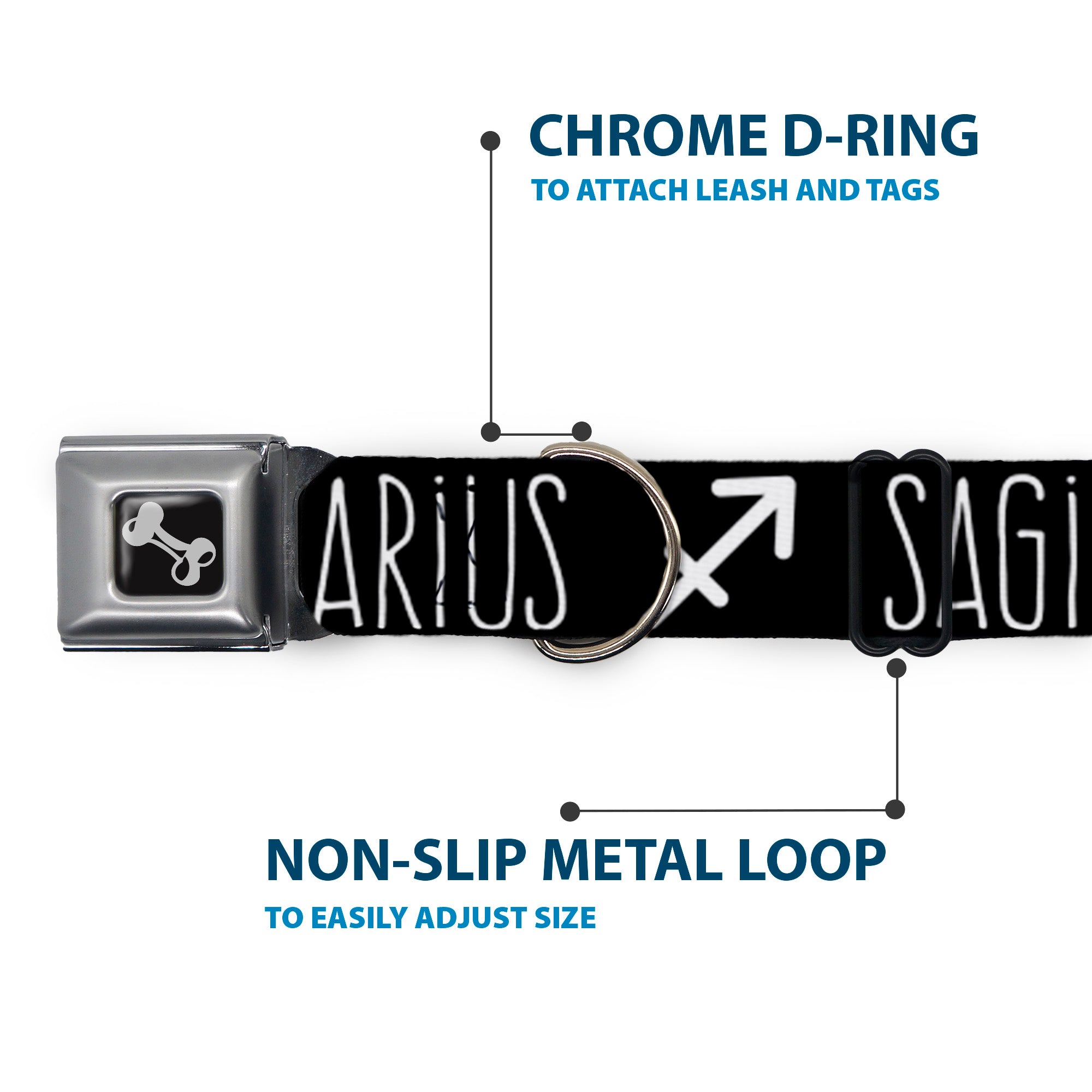 Dog Bone Seatbelt Buckle Collar - Zodiac SAGITTARIUS/Symbol Black/White