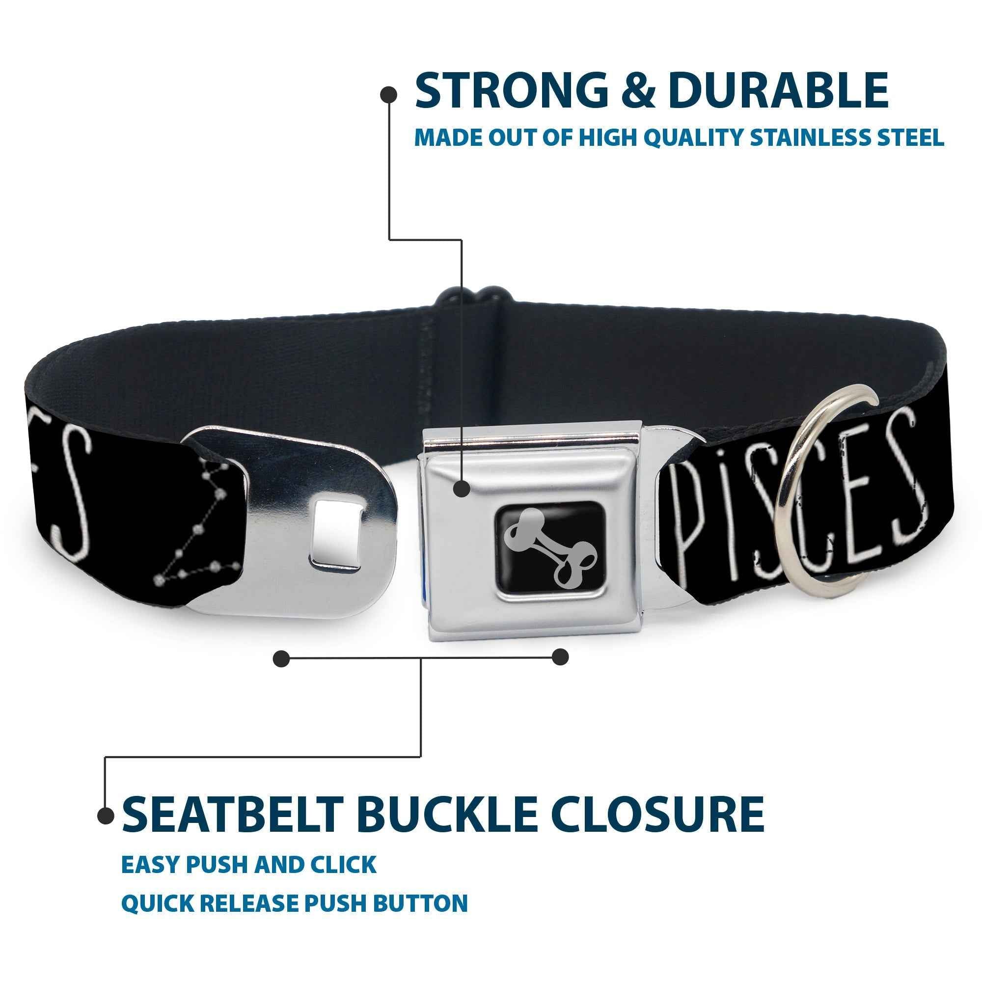 Buckle-Down Dog Bone Black/Silver Seatbelt Buckle Dog Collar - Zodiac Pisces/Constellation Black/White