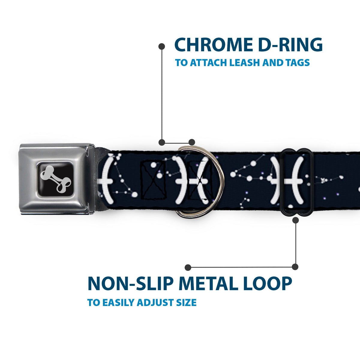 Dog Bone Seatbelt Buckle Collar - Zodiac Pisces Symbol/Constellations Black/White