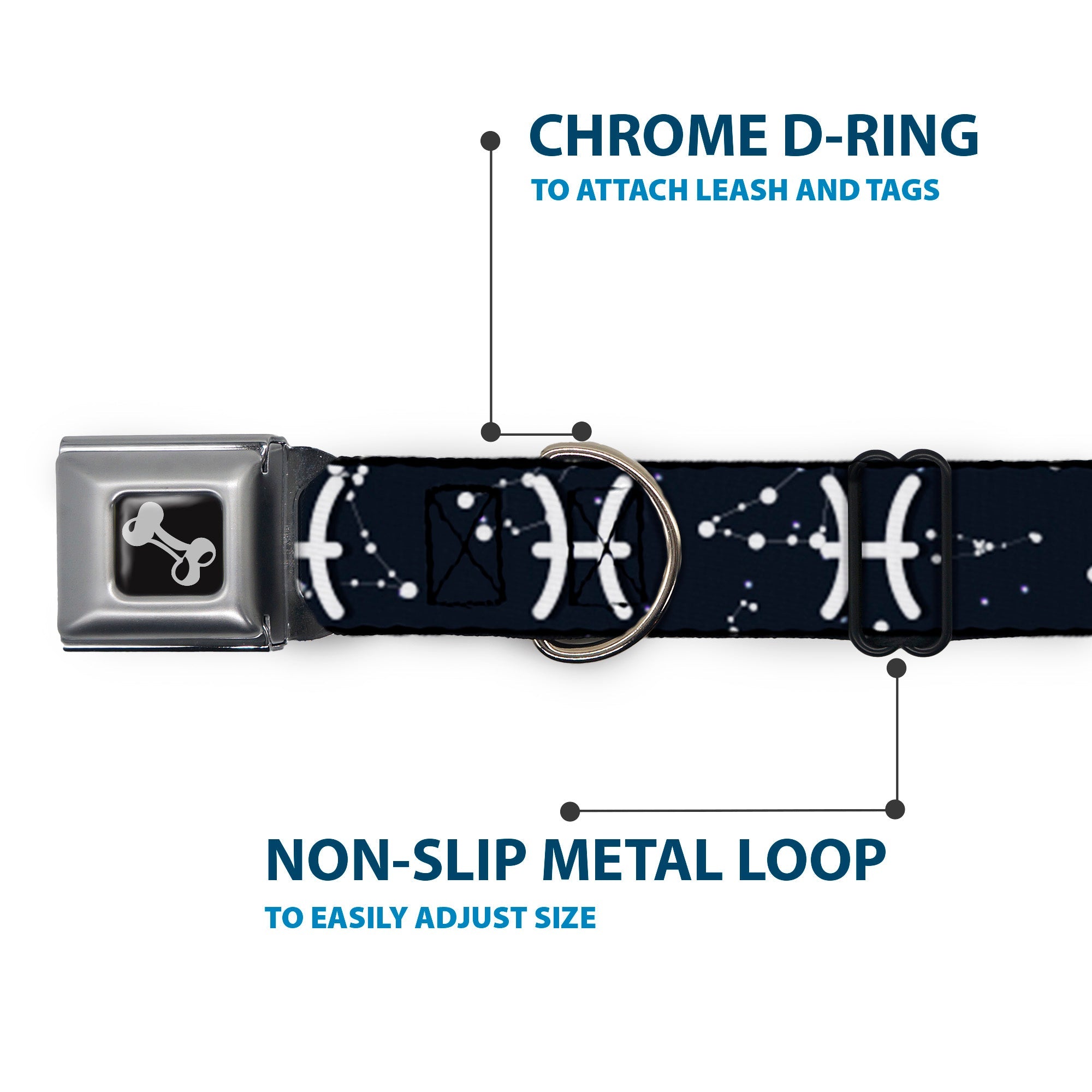 Dog Bone Seatbelt Buckle Collar - Zodiac Pisces Symbol/Constellations Black/White