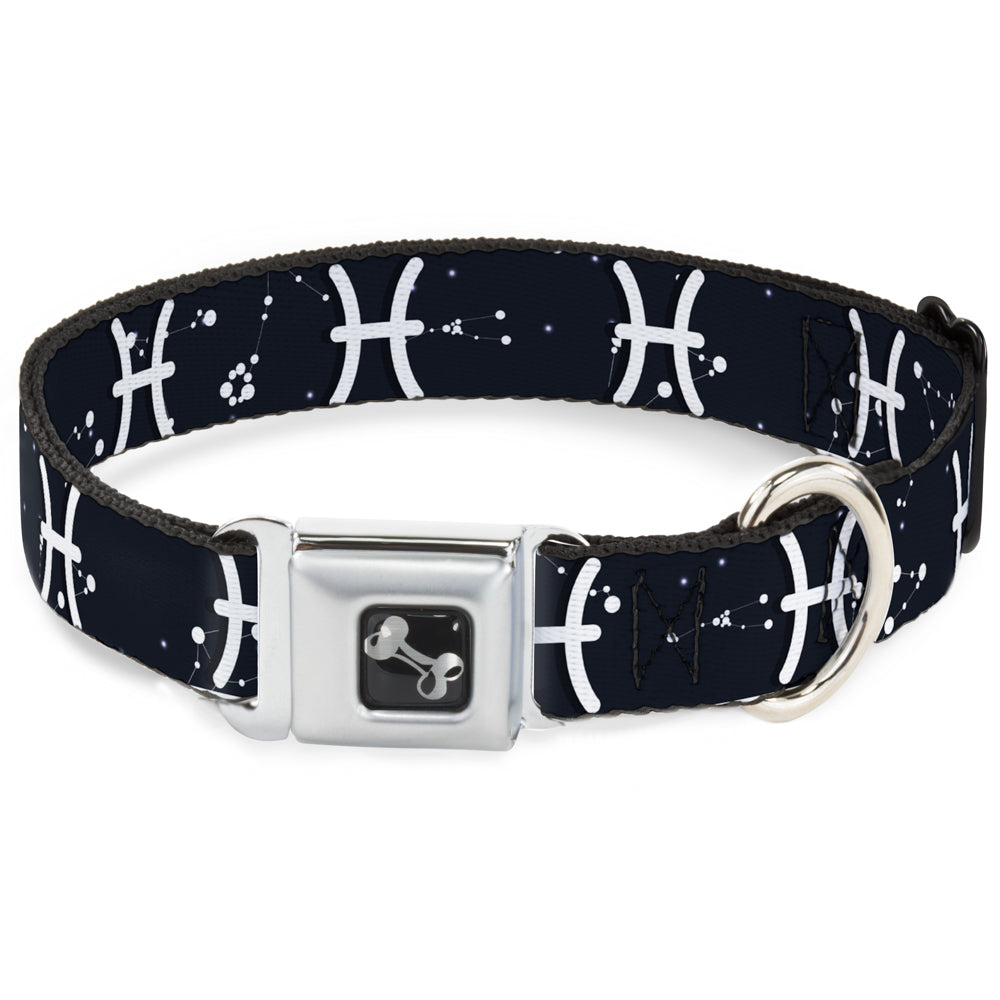 Dog Bone Seatbelt Buckle Collar - Zodiac Pisces Symbol/Constellations Black/White