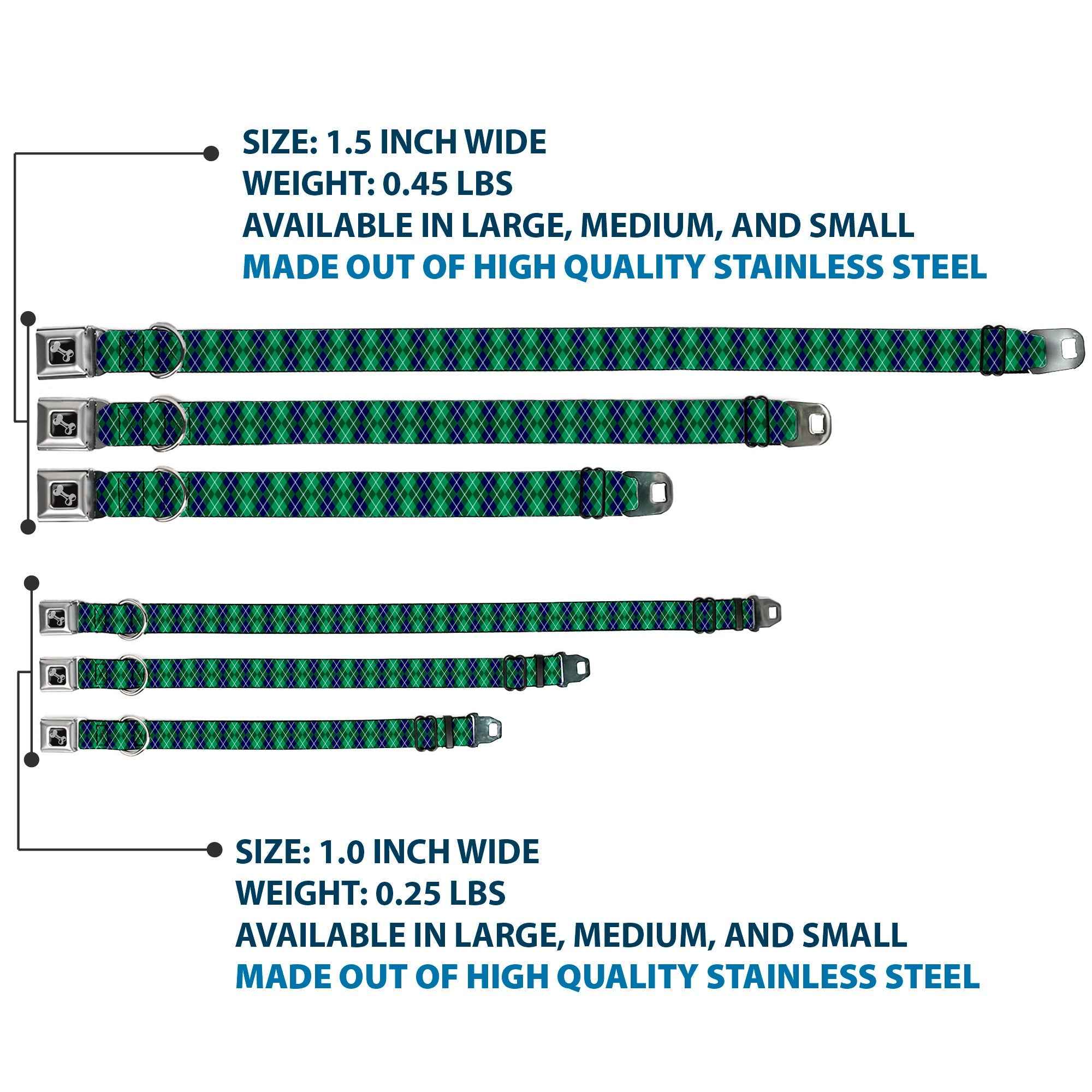 Buckle-Down Dog Bone Black/Silver Seatbelt Buckle Dog Collar - Argyle Green/Navy/Green/White