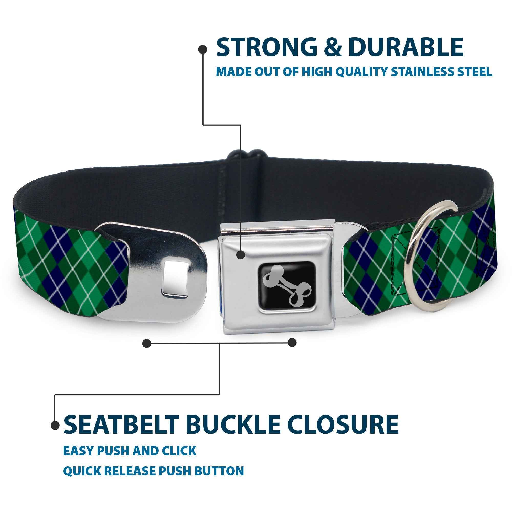 Buckle-Down Dog Bone Black/Silver Seatbelt Buckle Dog Collar - Argyle Green/Navy/Green/White