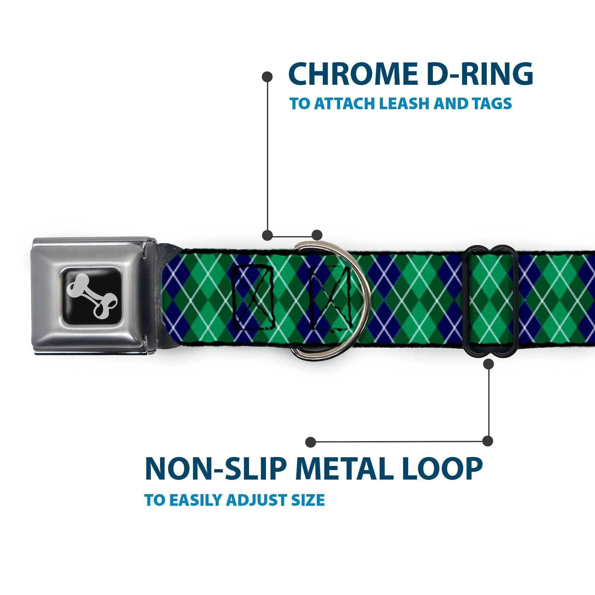 Buckle-Down Dog Bone Black/Silver Seatbelt Buckle Dog Collar - Argyle Green/Navy/Green/White