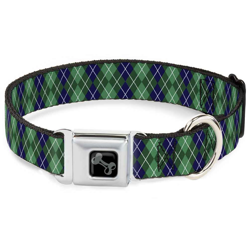 Buckle-Down Dog Bone Black/Silver Seatbelt Buckle Dog Collar - Argyle Green/Navy/Green/White