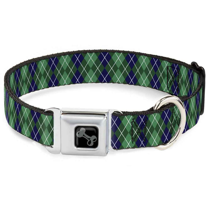 Buckle-Down Dog Bone Black/Silver Seatbelt Buckle Dog Collar - Argyle Green/Navy/Green/White