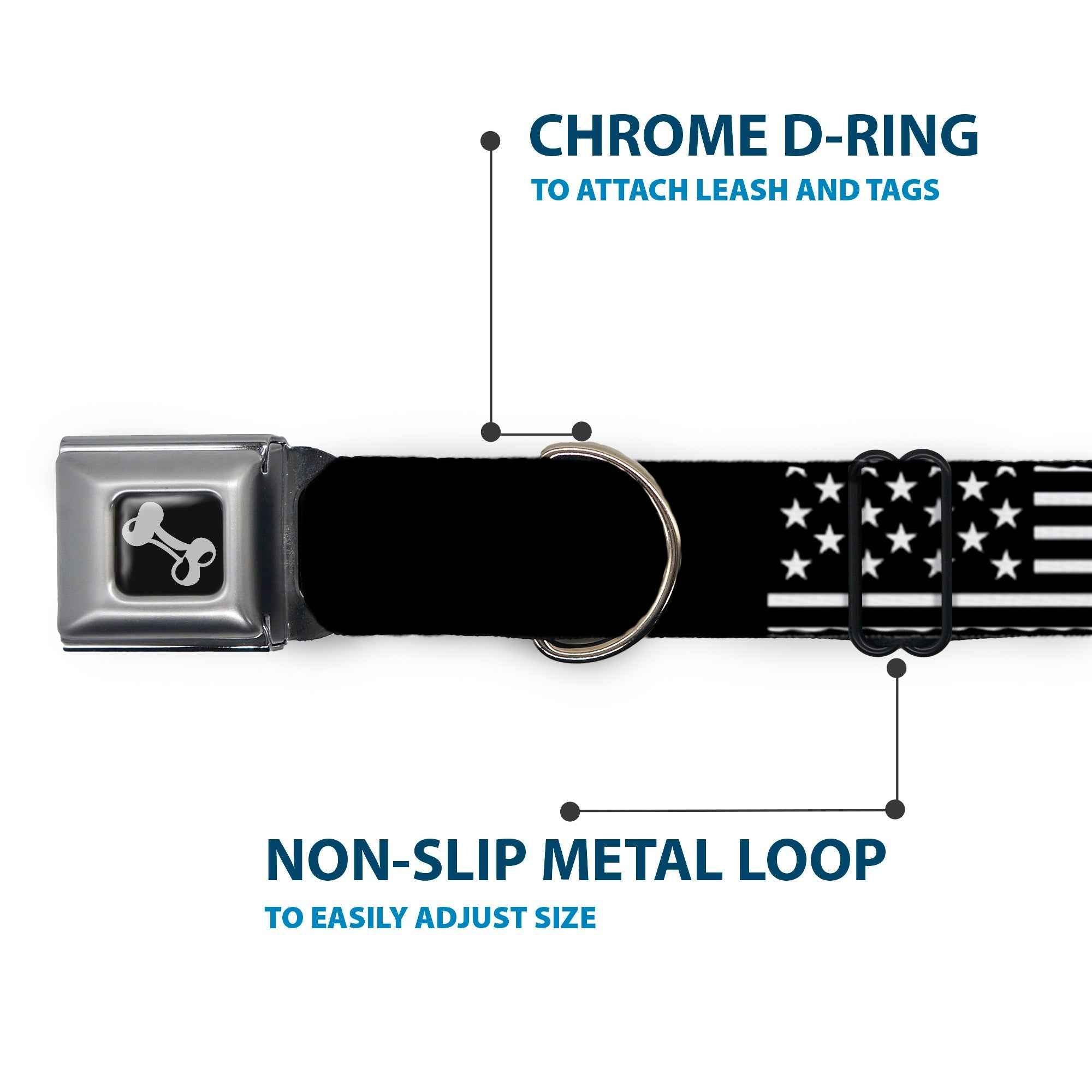 Buckle-Down Dog Bone Black/Silver Seatbelt Buckle Dog Collar - Americana Flag/We The People Black/White