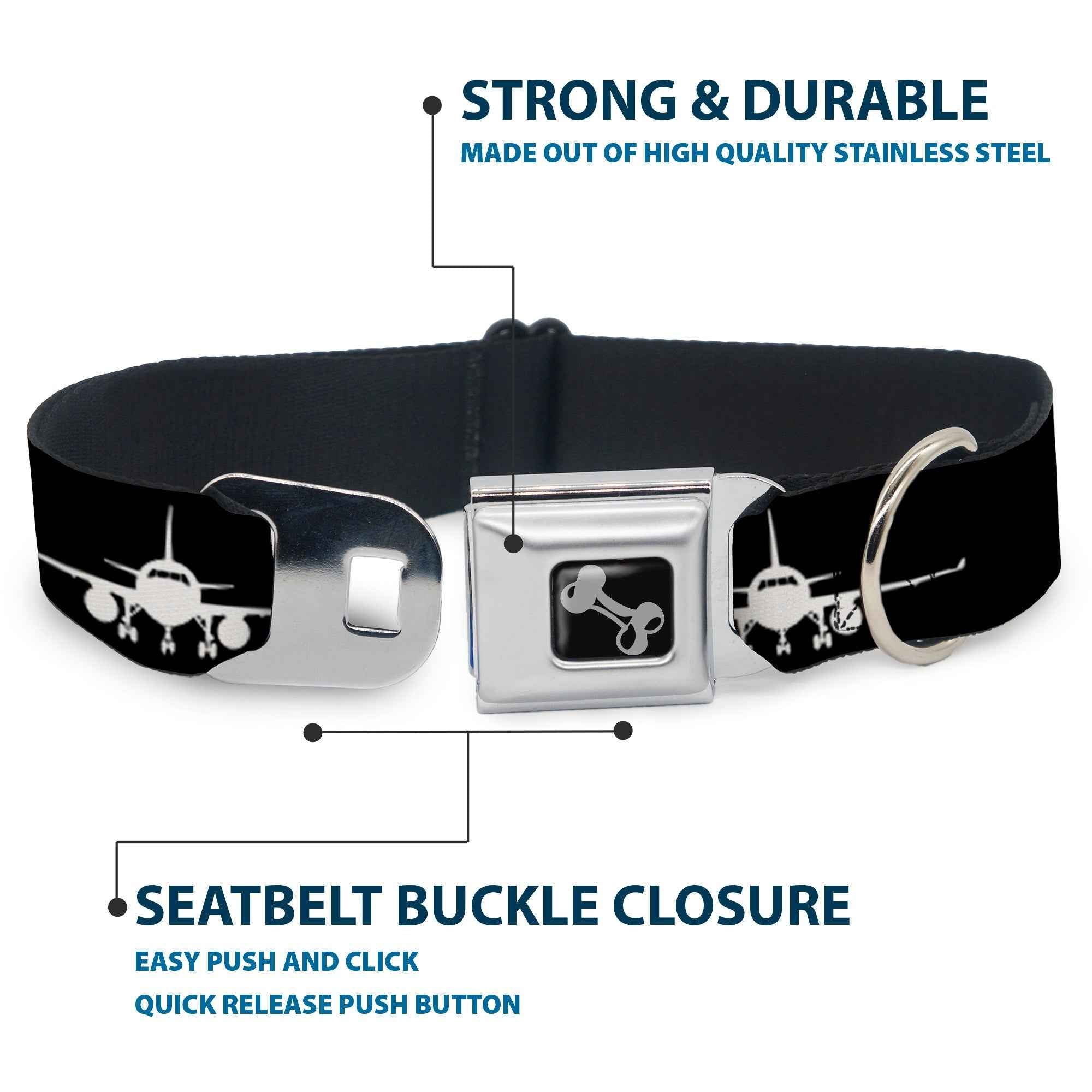 Buckle-Down Dog Bone Black/Silver Seatbelt Buckle Dog Collar - Airplane Silhouette Black/White