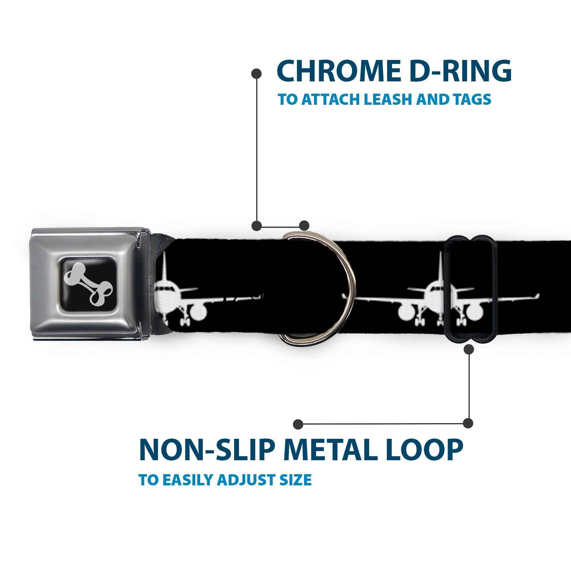 Buckle-Down Dog Bone Black/Silver Seatbelt Buckle Dog Collar - Airplane Silhouette Black/White