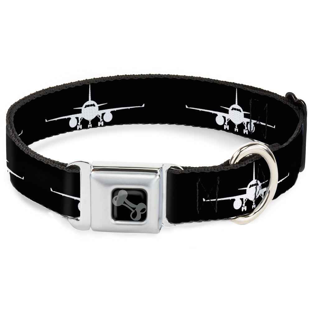 Buckle-Down Dog Bone Black/Silver Seatbelt Buckle Dog Collar - Airplane Silhouette Black/White