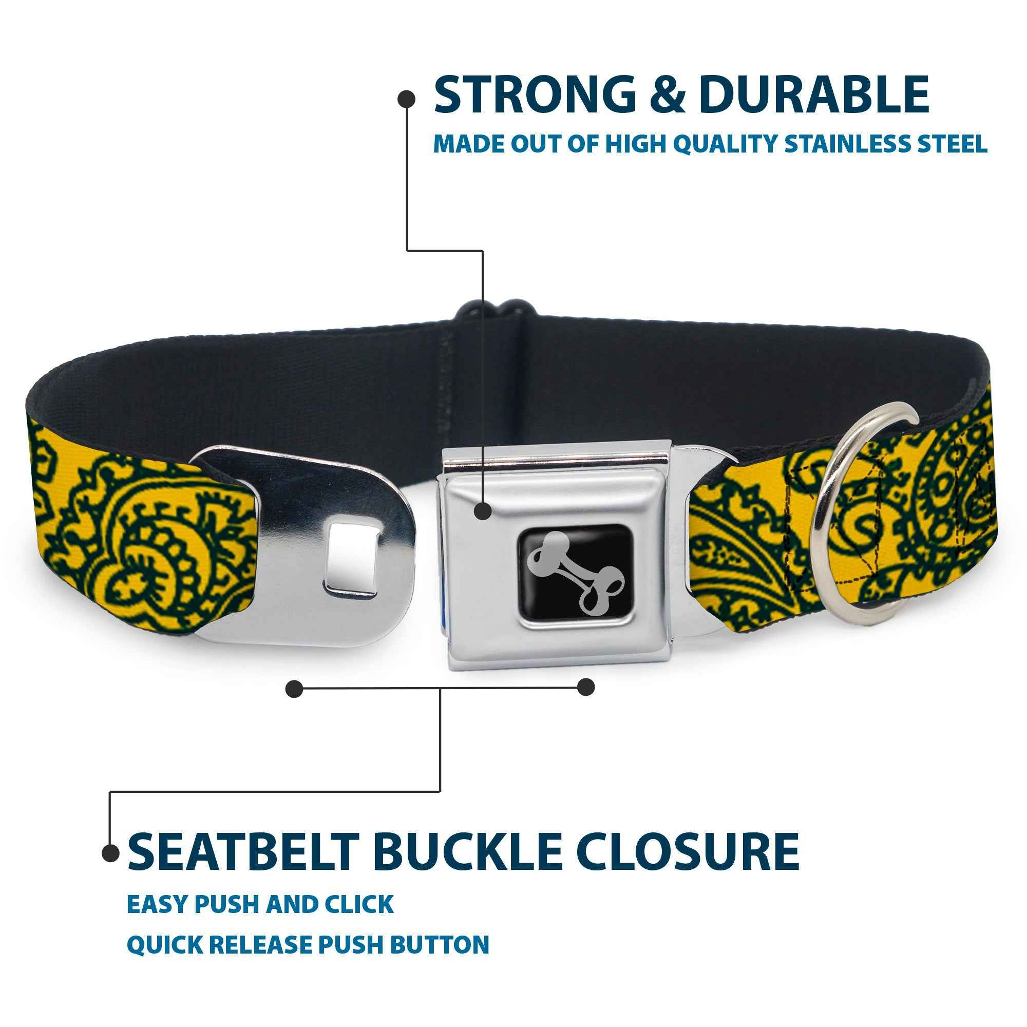 Buckle-Down Bandana/Skulls Gold/Green Seatbelt Buckle Dog Collar