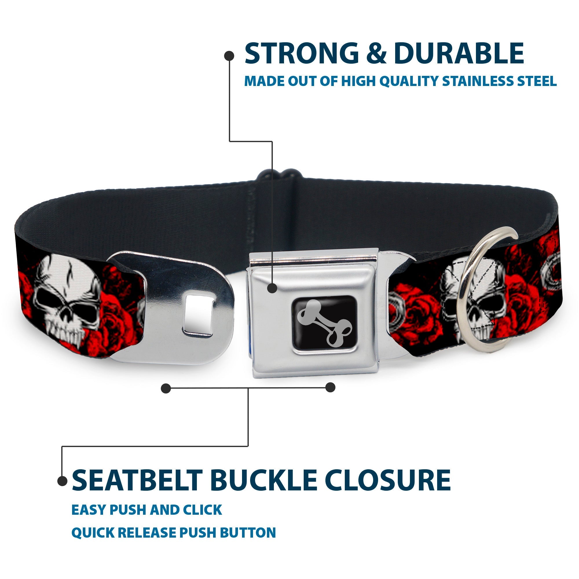 Buckle-Down Seatbelt Buckle Dog Collar - Brass Knuckles/Skulls/Roses Black/Red/White
