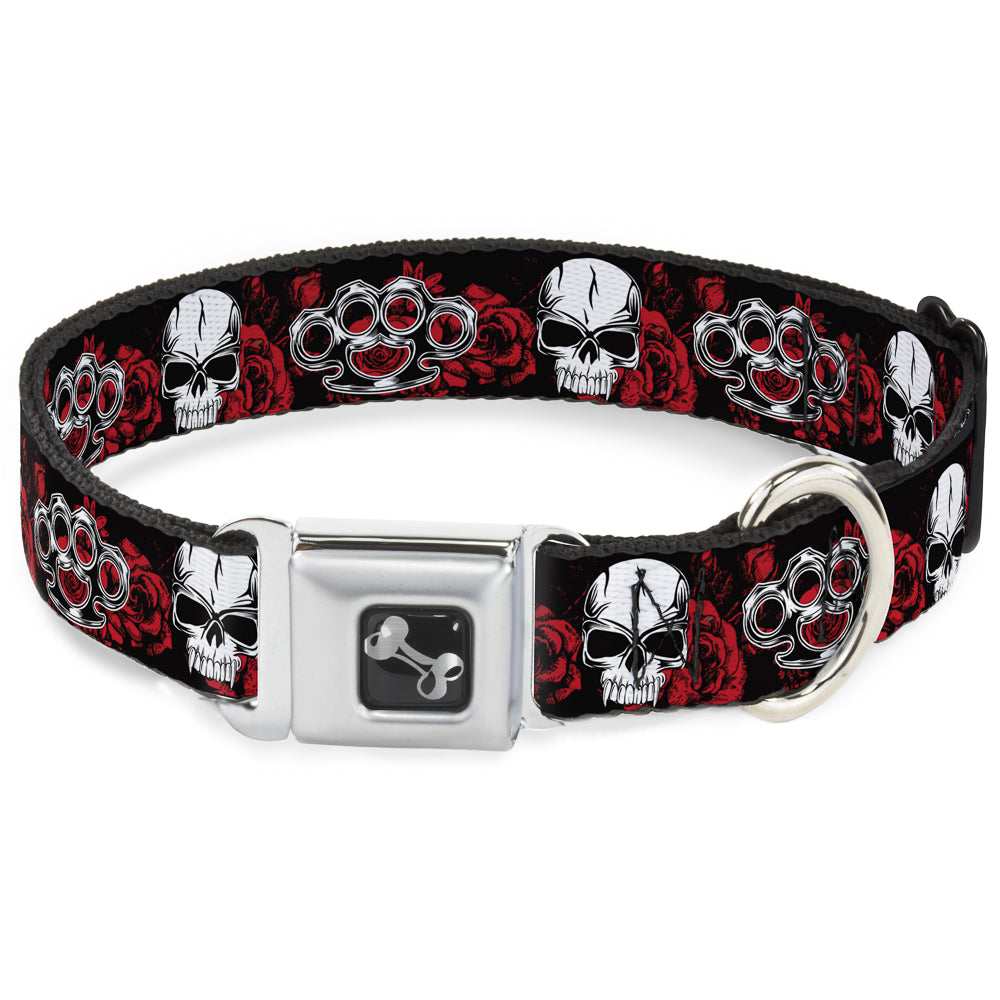 Buckle-Down Seatbelt Buckle Dog Collar - Brass Knuckles/Skulls/Roses Black/Red/White